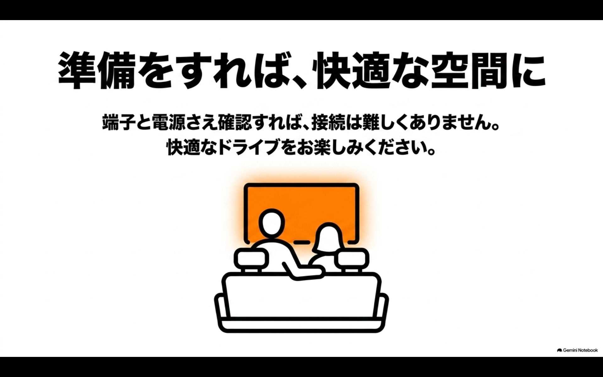 準備をすれば、快適な空間に 端子と電源さえ確認すれば、接続は難しくありません。快適なドライブをお楽しみください。