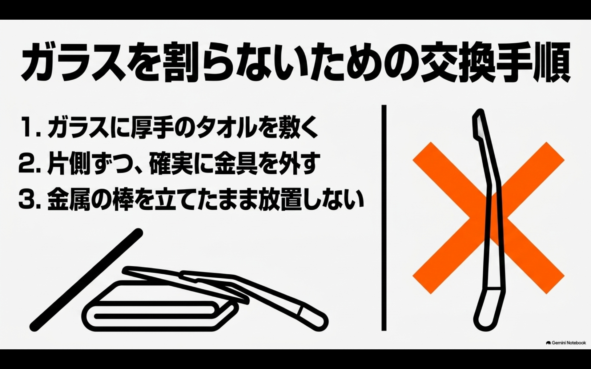 ガラスに厚手のタオルを敷き、片側ずつブレードを外し、金属製ワイパーアームを立てたまま放置しない安全な交換手順を示す図