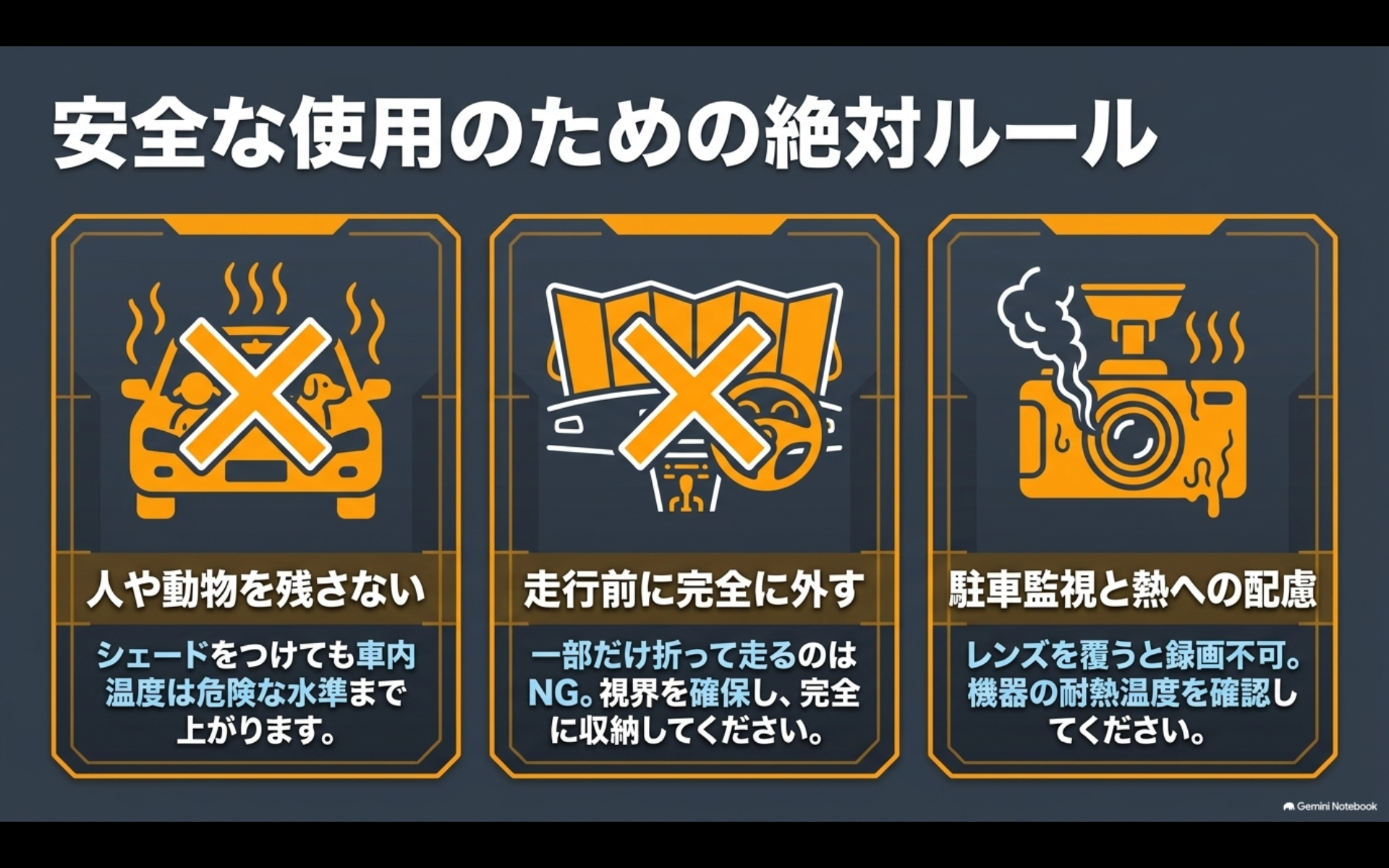 人や動物を車内に残さない、走行前にサンシェードを外す、ドラレコの駐車監視と熱に配慮する安全ルール