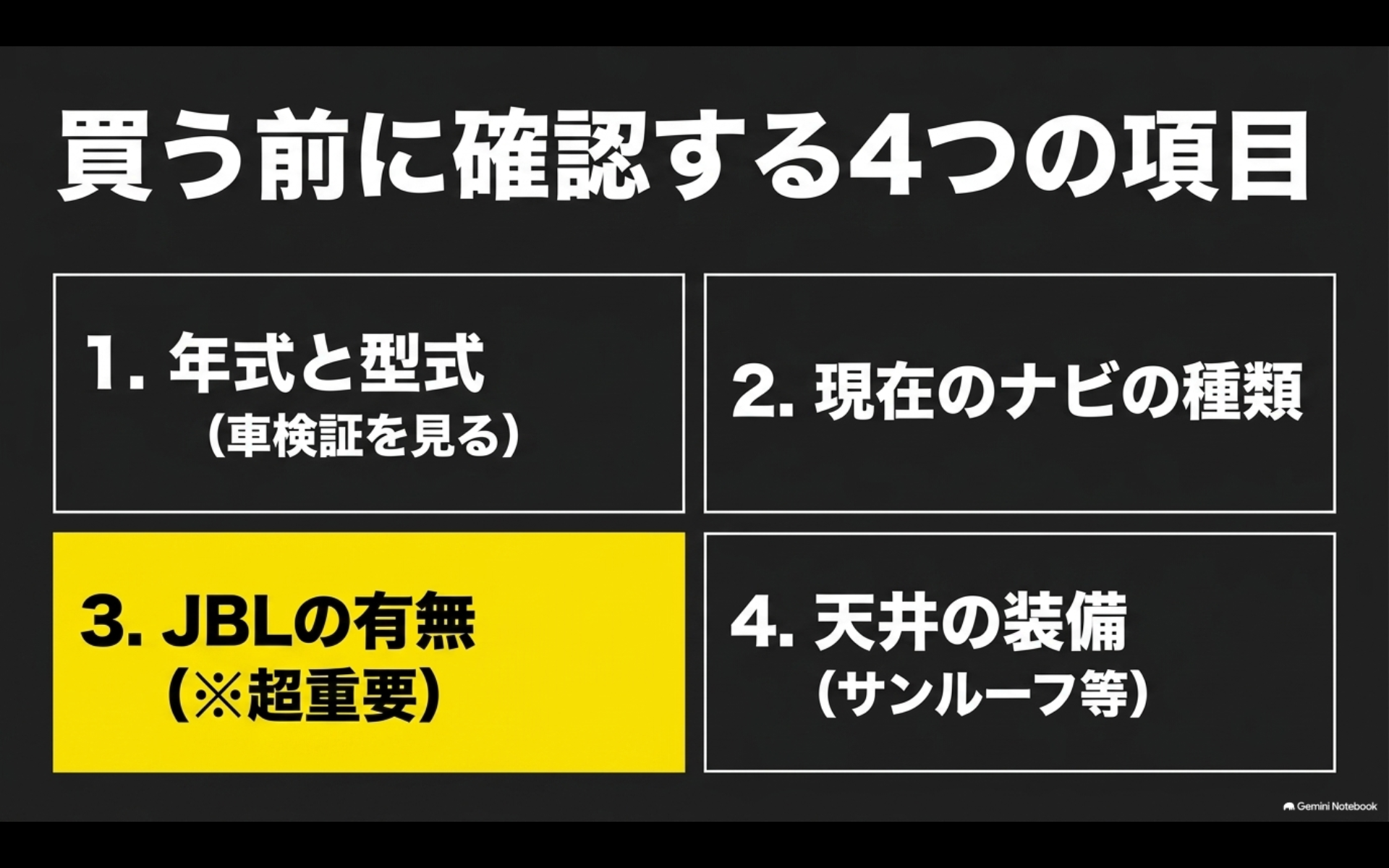 アルファード後席モニター購入前に確認する年式と型式、ナビの種類、JBLの有無、天井装備の4項目