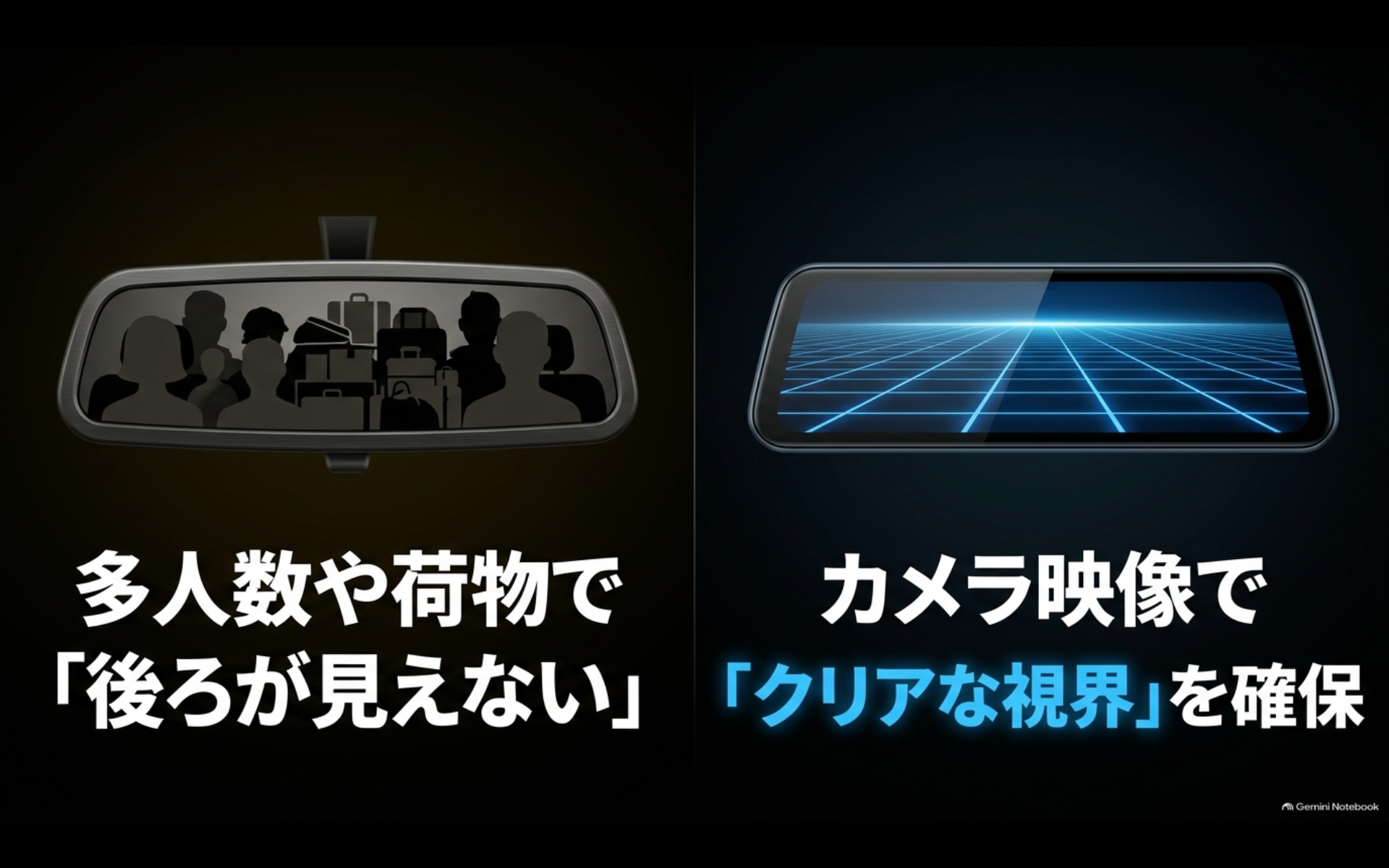 多人数乗車や荷物で後方が見えにくいアルファードでもカメラ映像で後方視界を確保できることを示した図