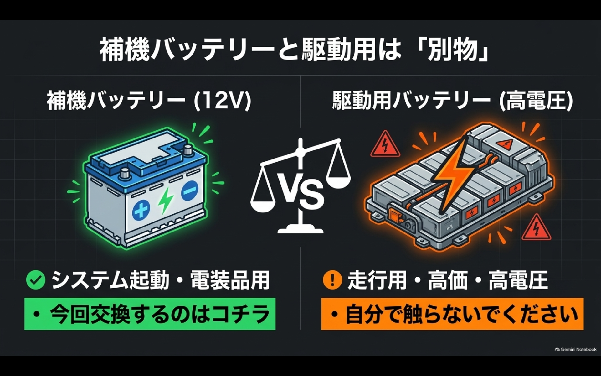 アルファードの12V補機バッテリーと高電圧の駆動用バッテリーが別物であることを示す比較図