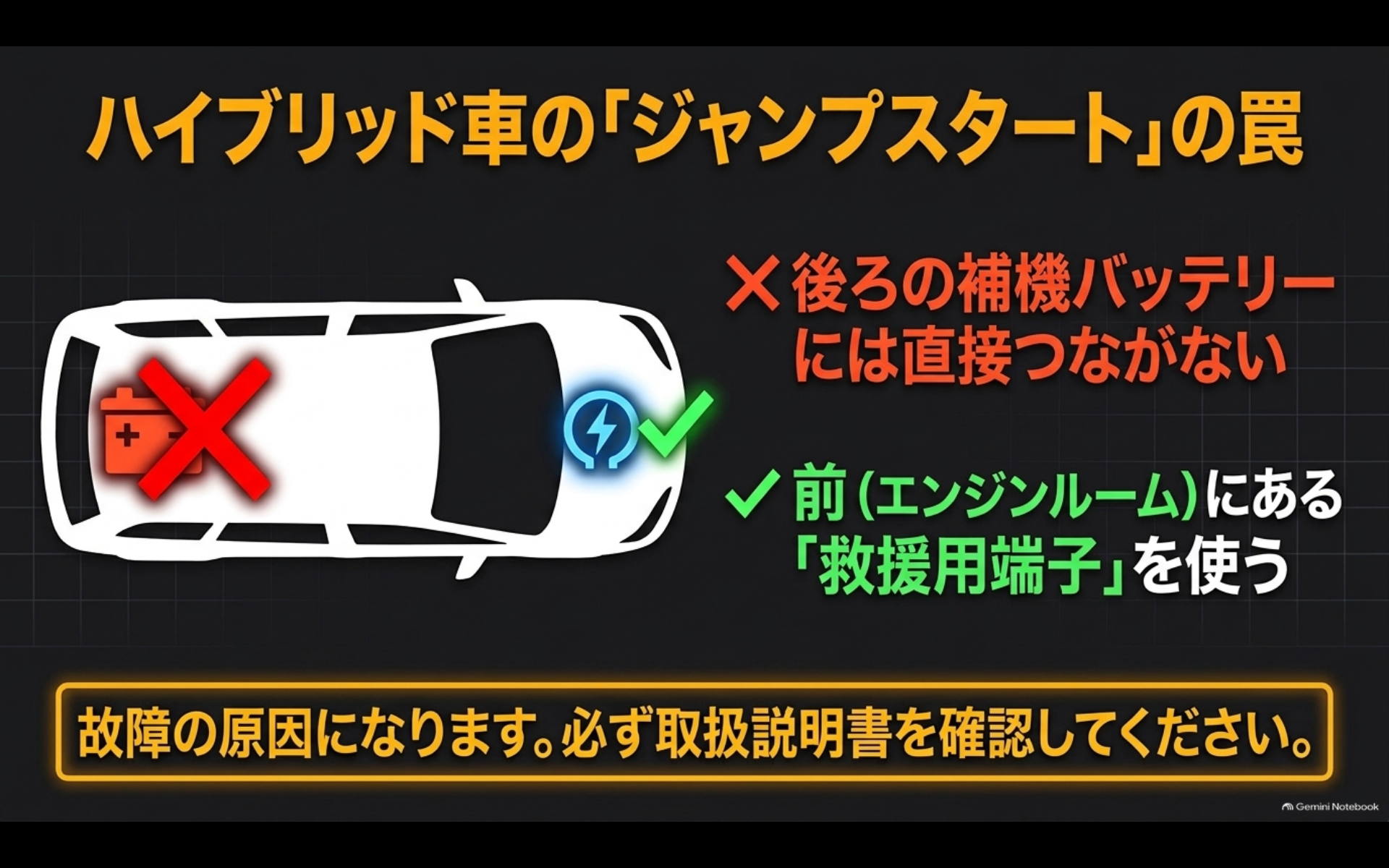 アルファードハイブリッドのジャンプスタートではラゲージ側の補機バッテリーではなくエンジンルームの救援用端子を使用する説明図