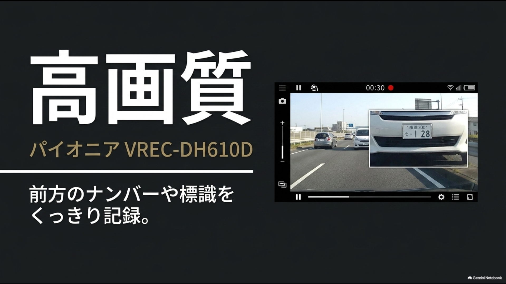 パイオニアVREC-DH610Dで前方ナンバーや標識を高精細に記録するイメージ