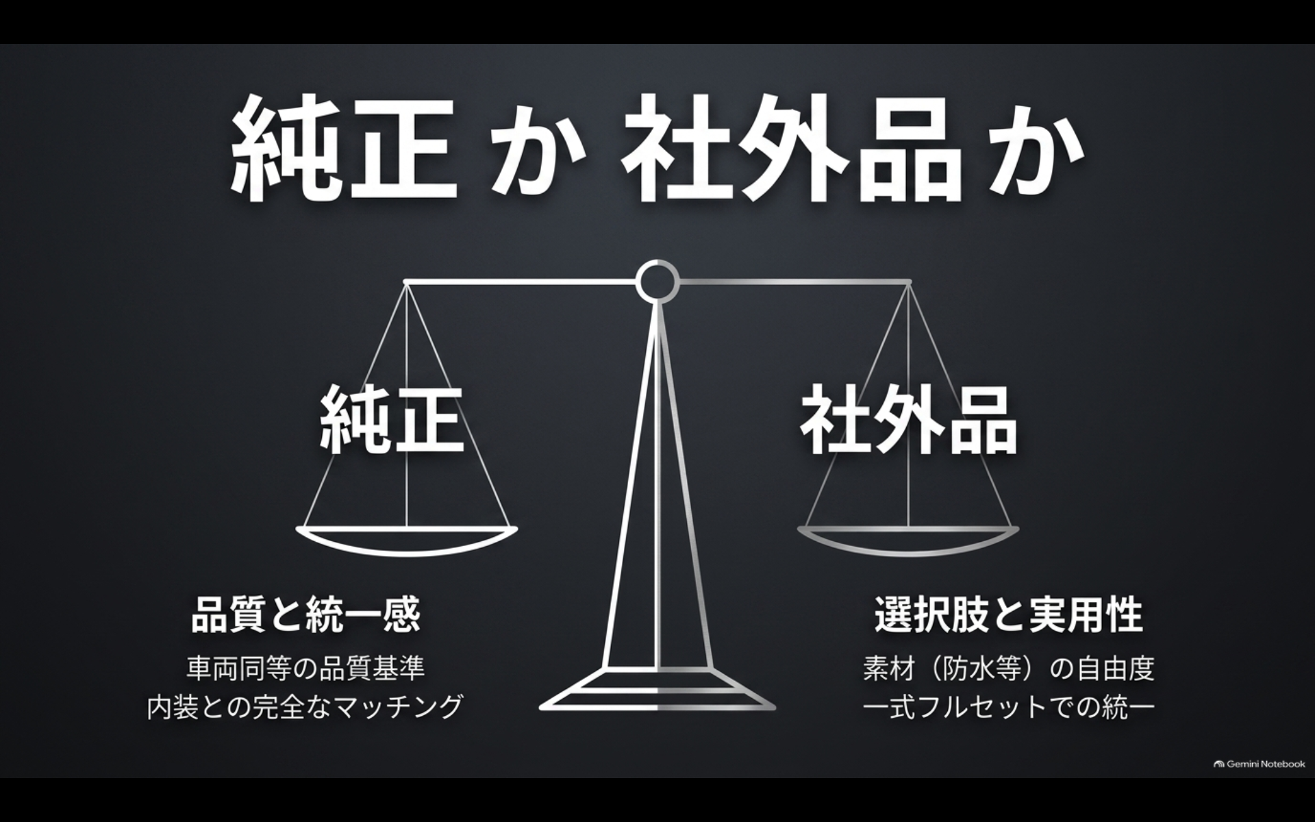 アルファードの純正フロアマットと社外フロアマットを品質や統一感、素材や実用性の違いで比較した図