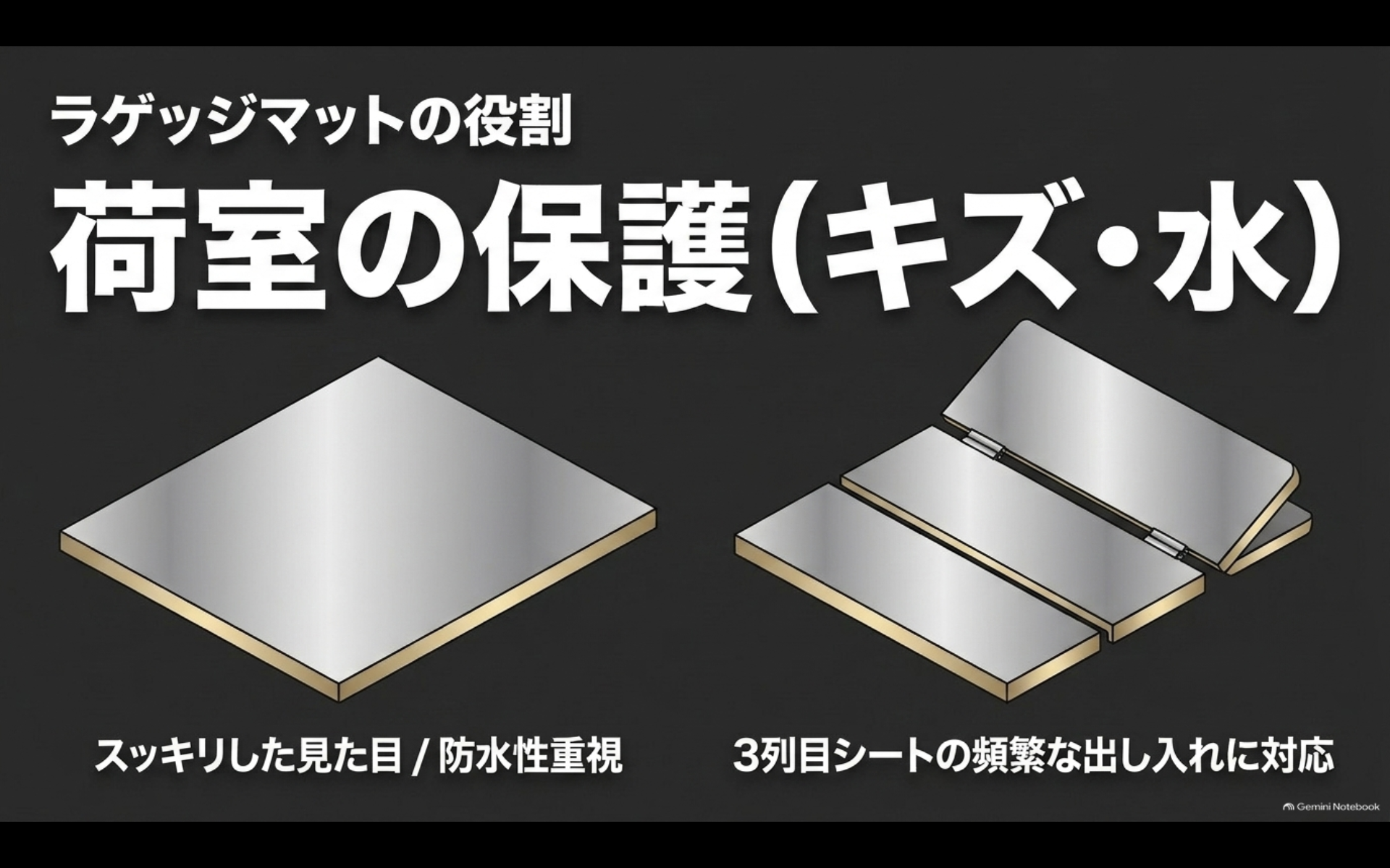 アルファードのラゲッジマットが荷室を傷や水から保護し3列目シートの格納にも対応する考え方を示した図