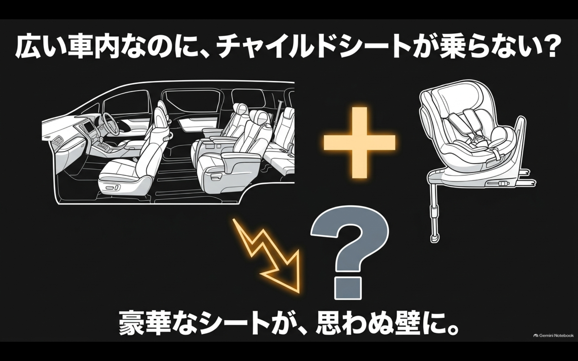 広いアルファードの車内でもチャイルドシートと豪華な座席が干渉する問題を示した図