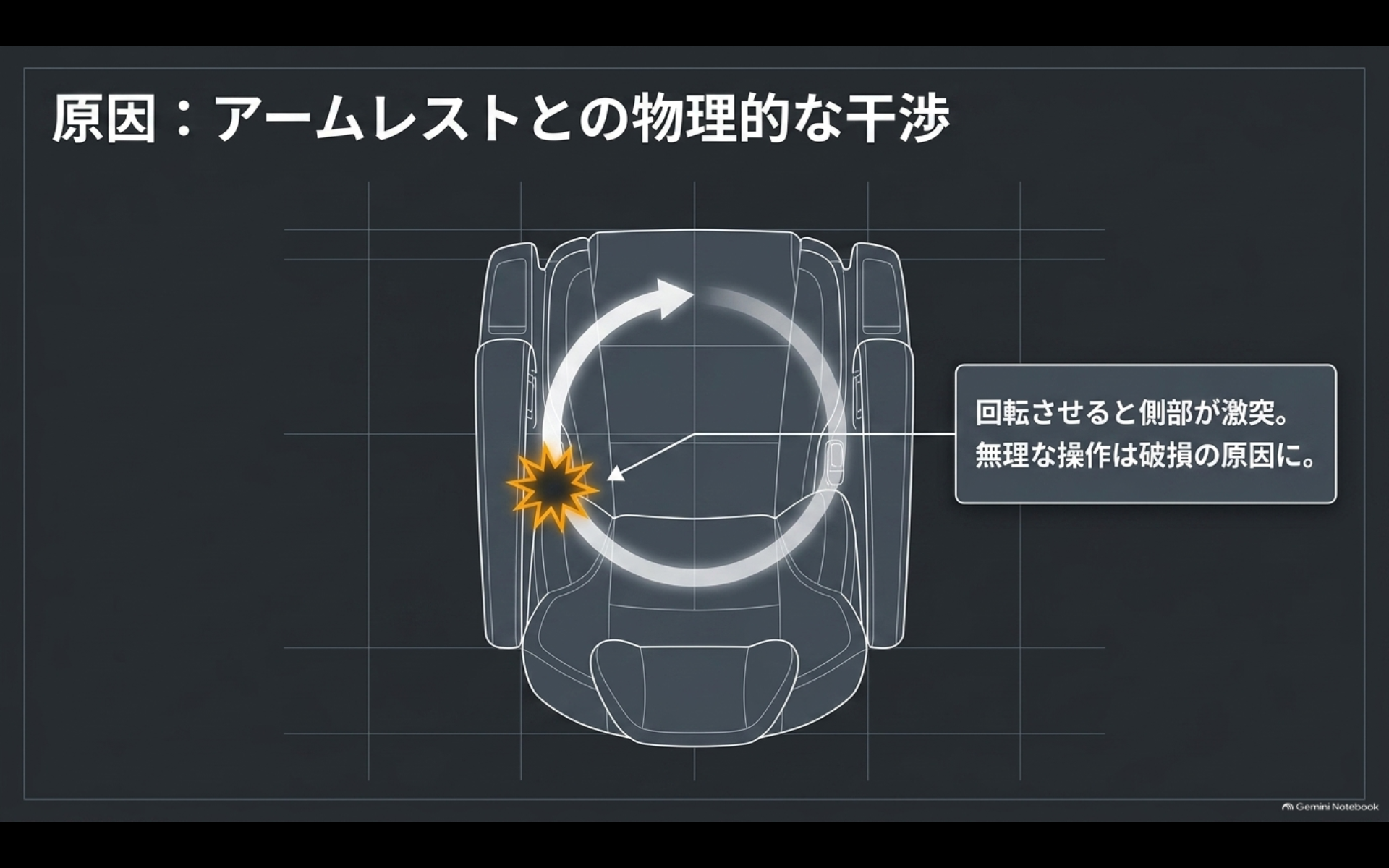 アルファードの大型アームレストに回転式チャイルドシートが干渉して回転できなくなる仕組み