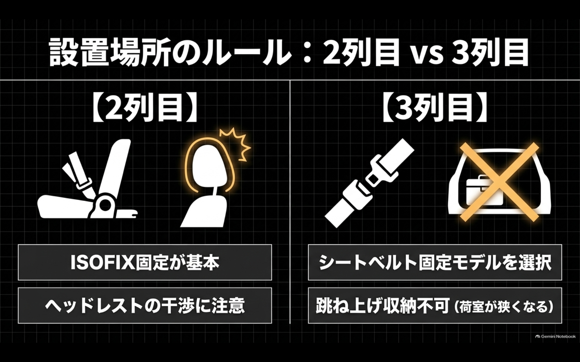 アルファードの2列目と3列目で異なるチャイルドシートの固定方法と注意点を比較した図