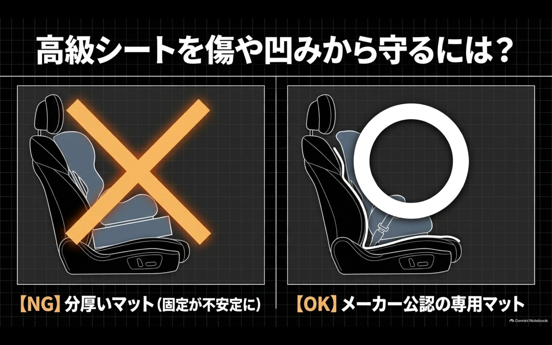 アルファードの高級シートをチャイルドシートの傷や凹みから守る際の保護マットのOK例とNG例