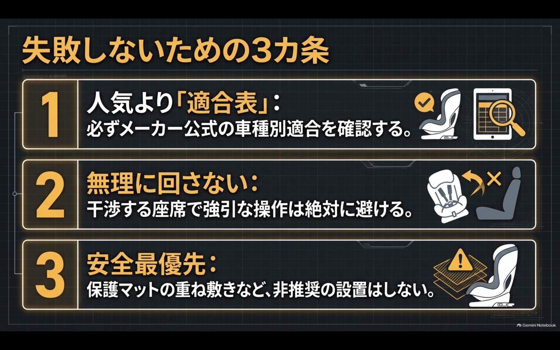 アルファードのチャイルドシート選びで適合表の確認、無理に回さないこと、安全を最優先する3つのルール