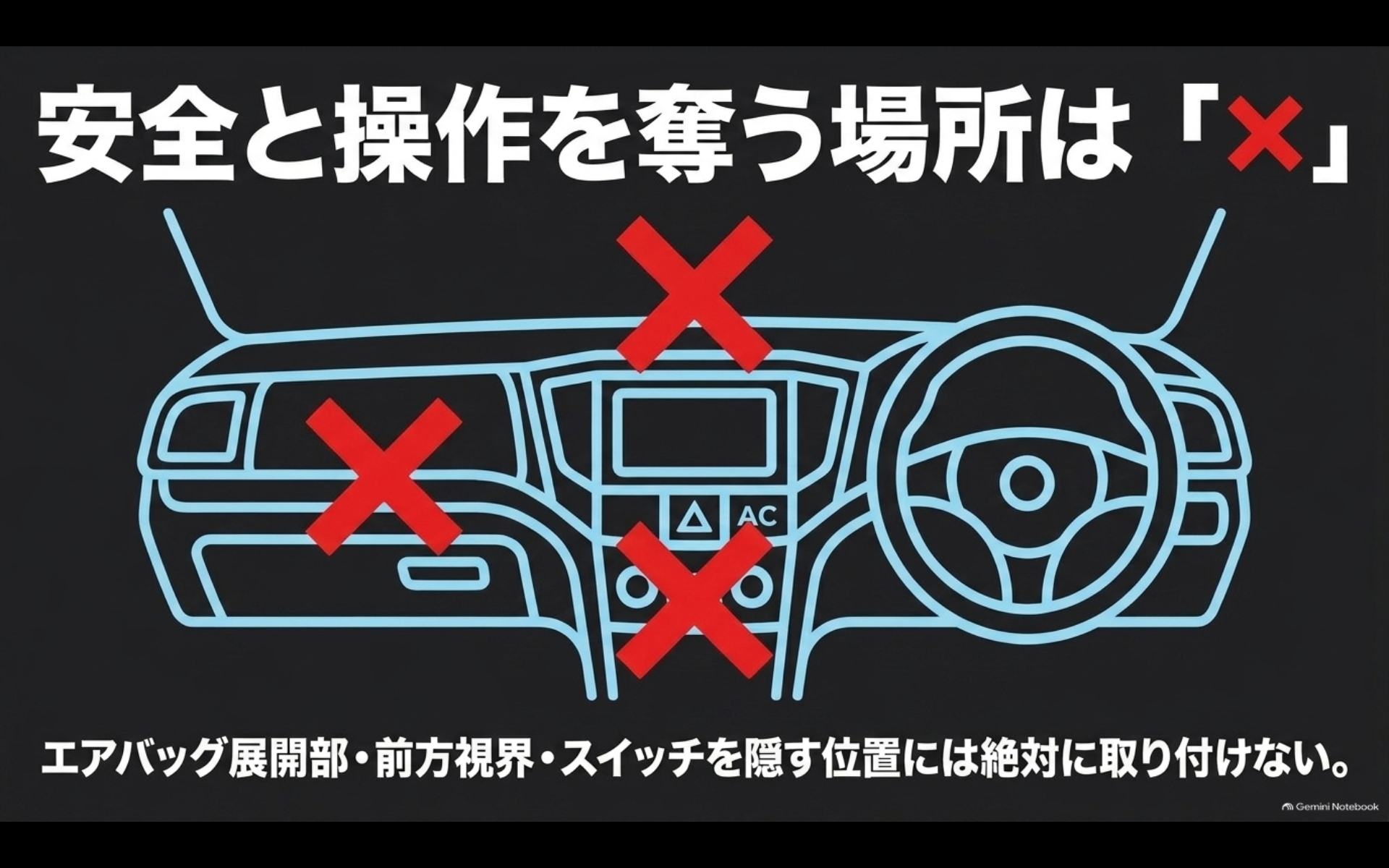 エアバッグや前方視界、スイッチを妨げるスマホホルダーの取付位置を示した図