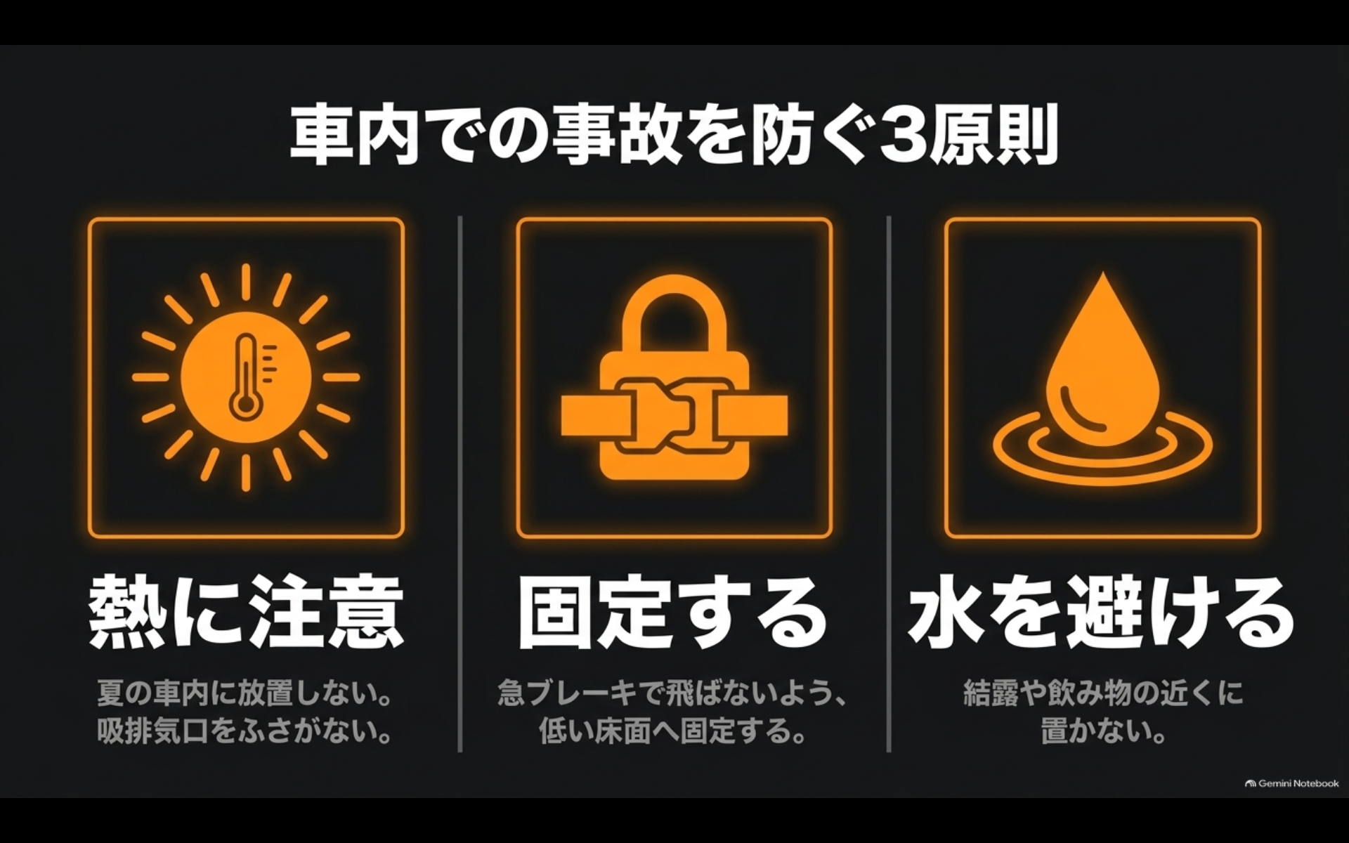 ポータブル電源を車内で安全に使うための熱対策、固定、水濡れ対策の3原則