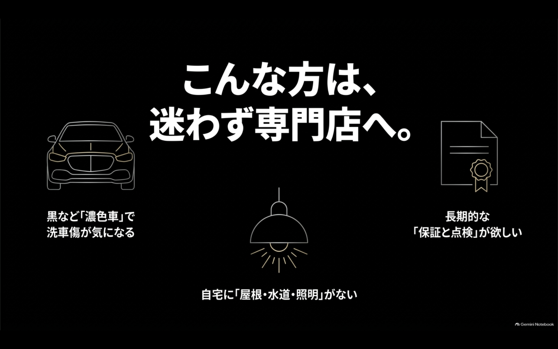 濃色車の洗車傷が気になる人、施工環境がない人、長期保証や点検を求める人は専門店向きと示す図