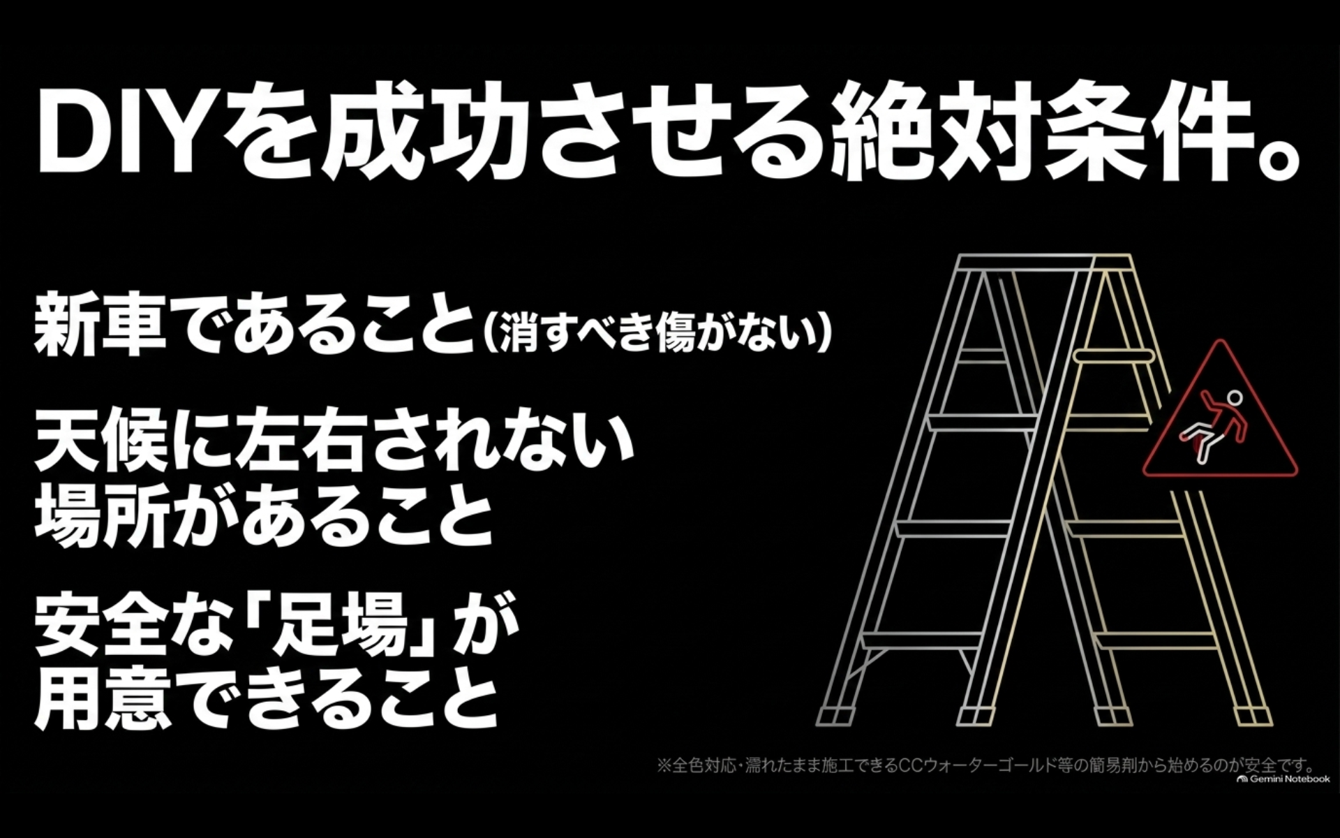 アルファードのDIYコーティングでは傷の少ない車両、安定した作業場所、安全な足場が重要と示す図