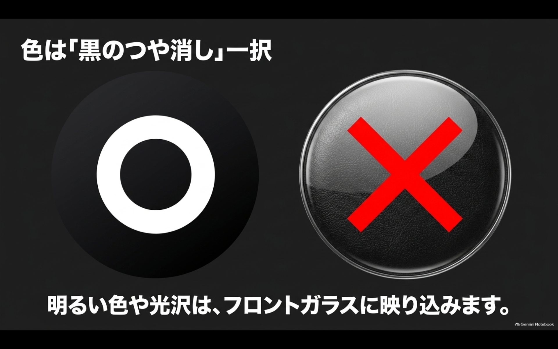 黒のつや消し素材は反射を抑え、光沢素材はフロントガラスへ映り込みやすいことを示す比較図