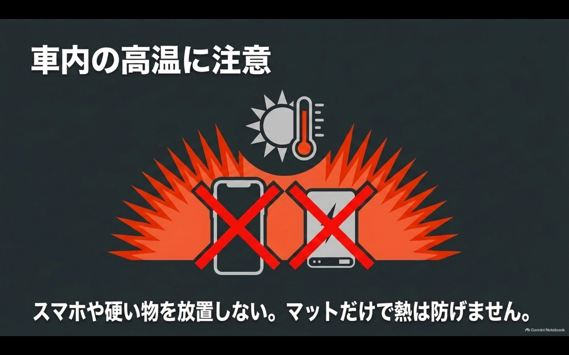 高温になるダッシュボード上にスマホやモバイルバッテリーなどを放置しないよう注意する図