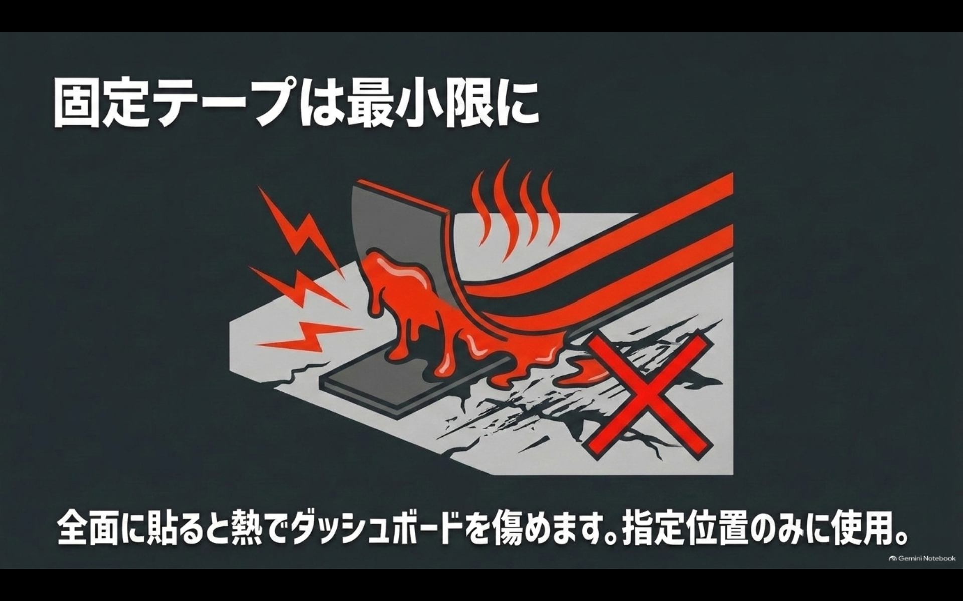 固定テープを全面に貼ると熱でダッシュボードを傷めるため指定位置だけに使うことを示す注意図