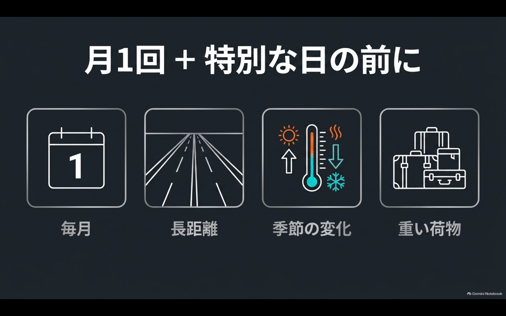 タイヤ空気圧を毎月、長距離走行前、季節の変わり目、重い荷物を積む前に点検する目安