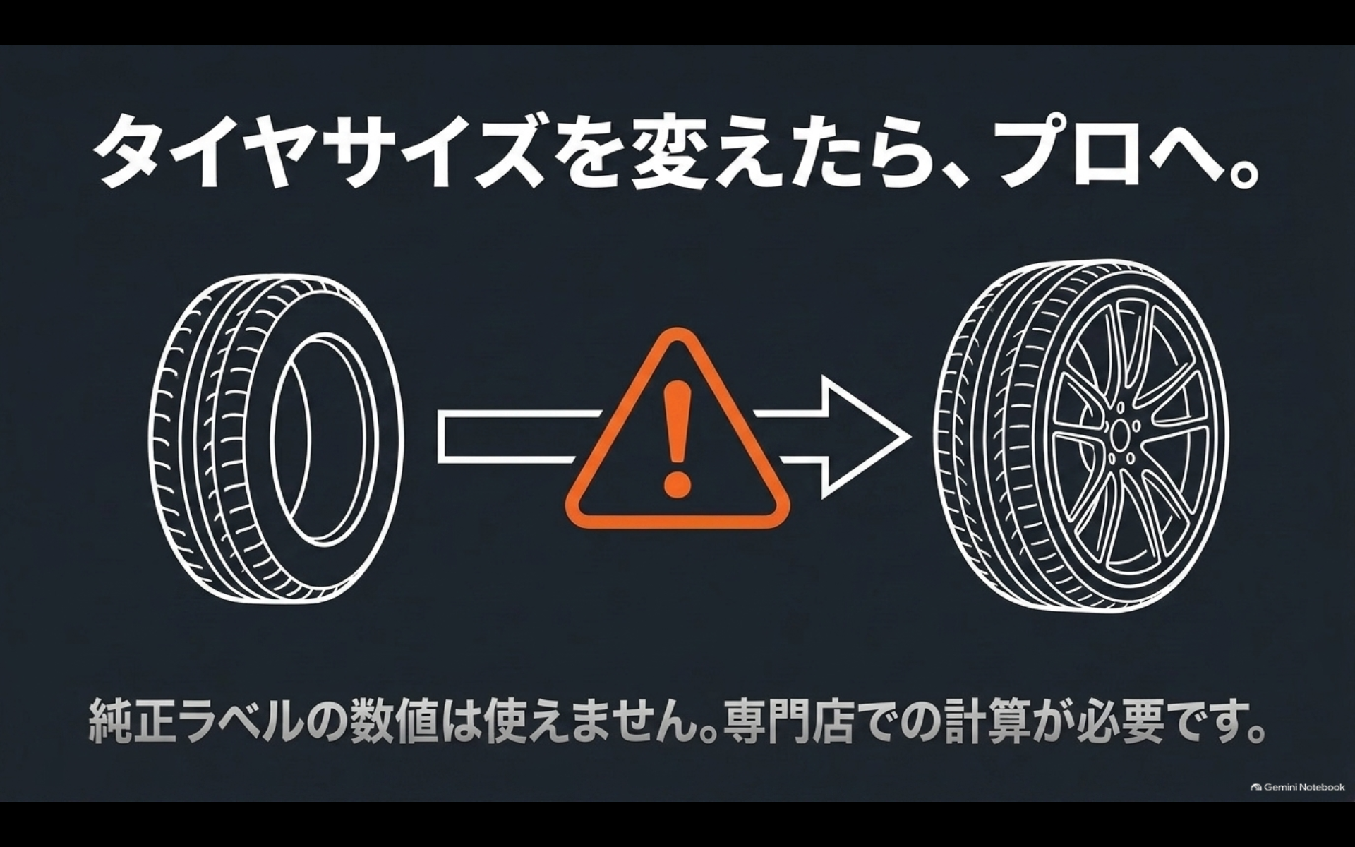 アルファードで社外タイヤやインチ変更をした場合は専門店で適正空気圧を計算することを示す図