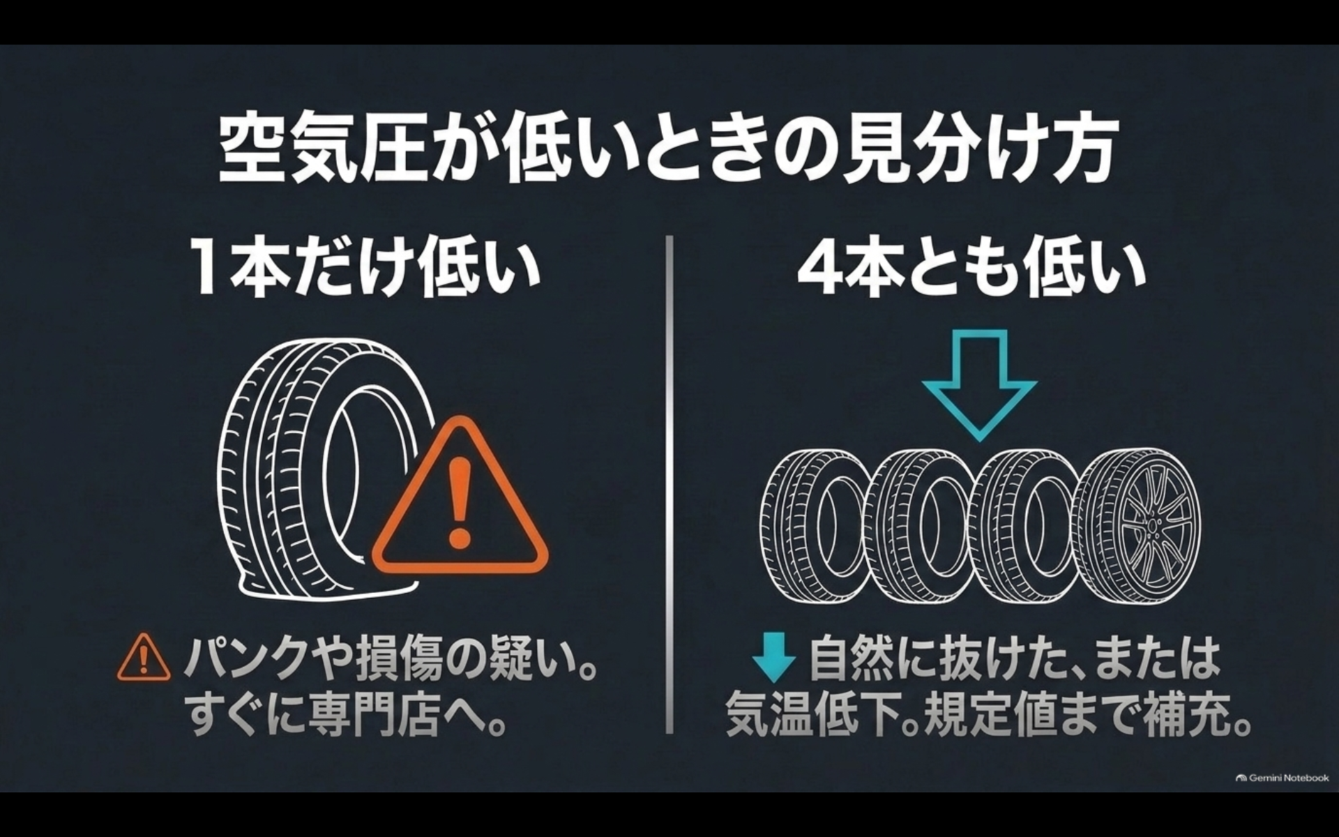 タイヤ1本だけ空気圧が低い場合と4本とも低い場合の原因と対応を比較した図