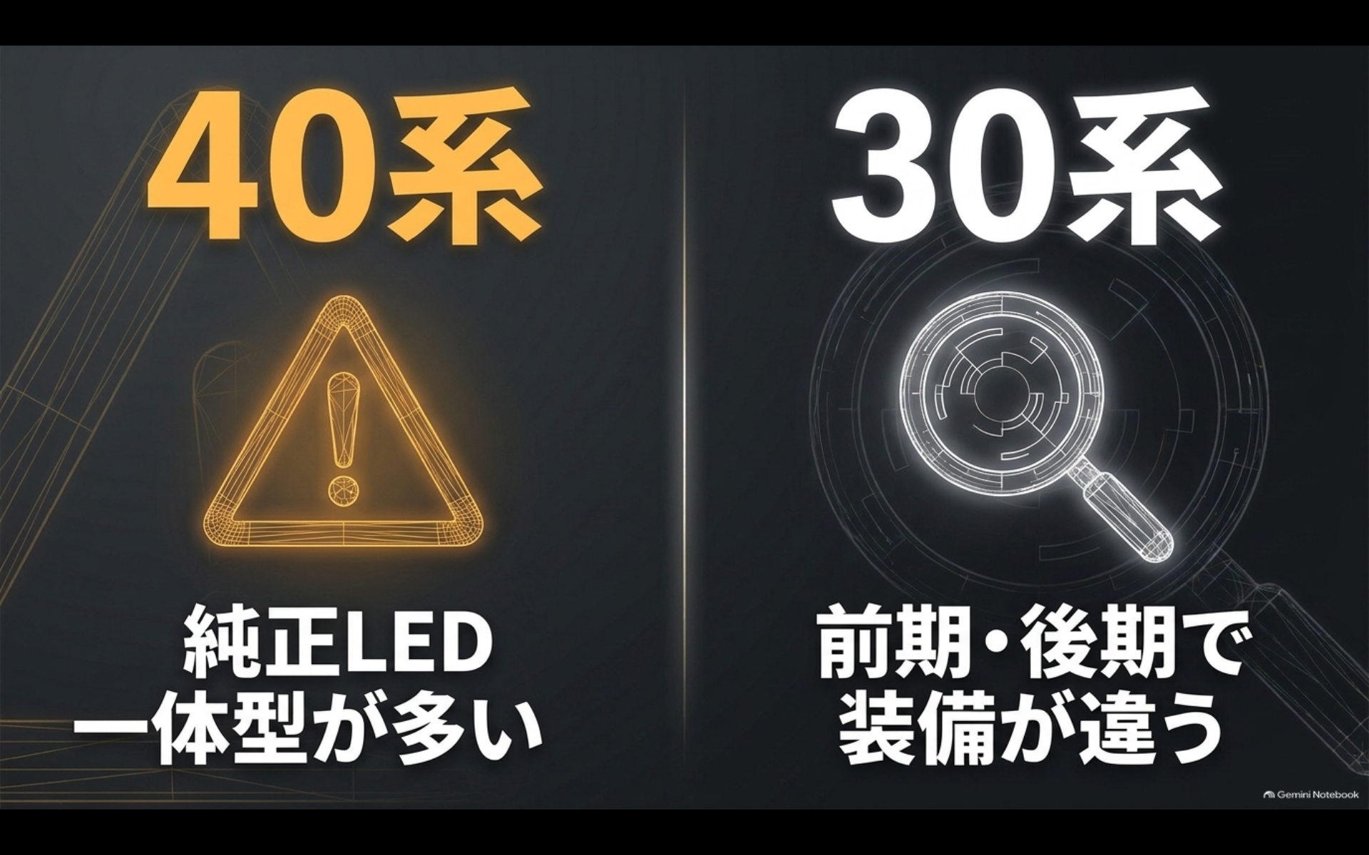 アルファード40系は純正LED一体型が多く30系は前期後期で装備が異なることを比較したイメージ