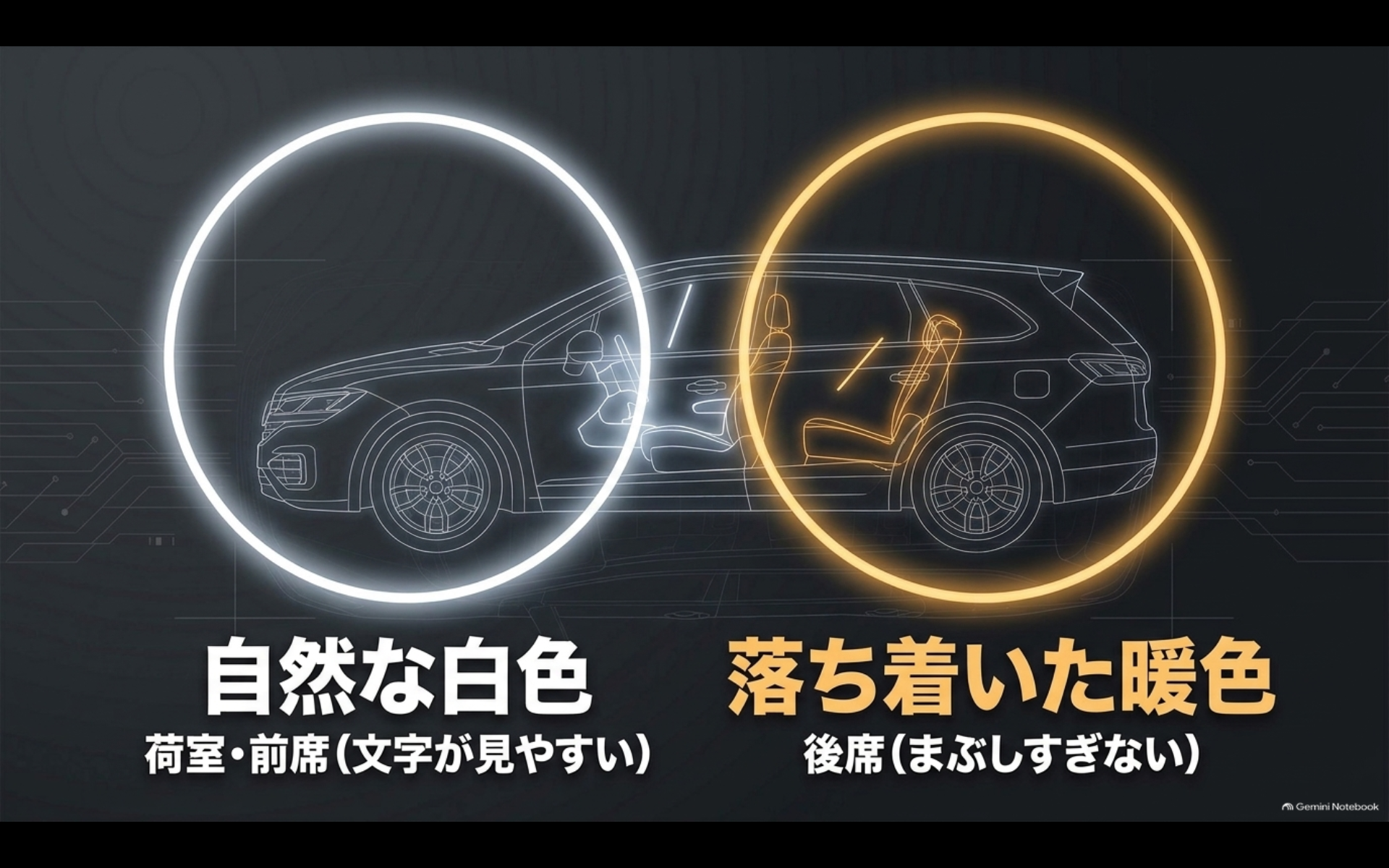 アルファードのルームランプで文字や荷物を見やすい自然な白色とまぶしさを抑えやすい暖色を比較したイメージ