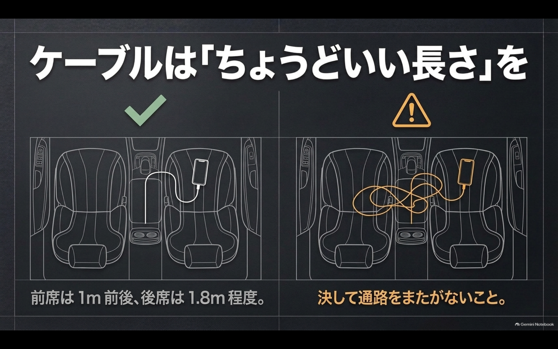 アルファードの前席と後席でUSBケーブルの適切な長さを選び通路を避けて配線する例