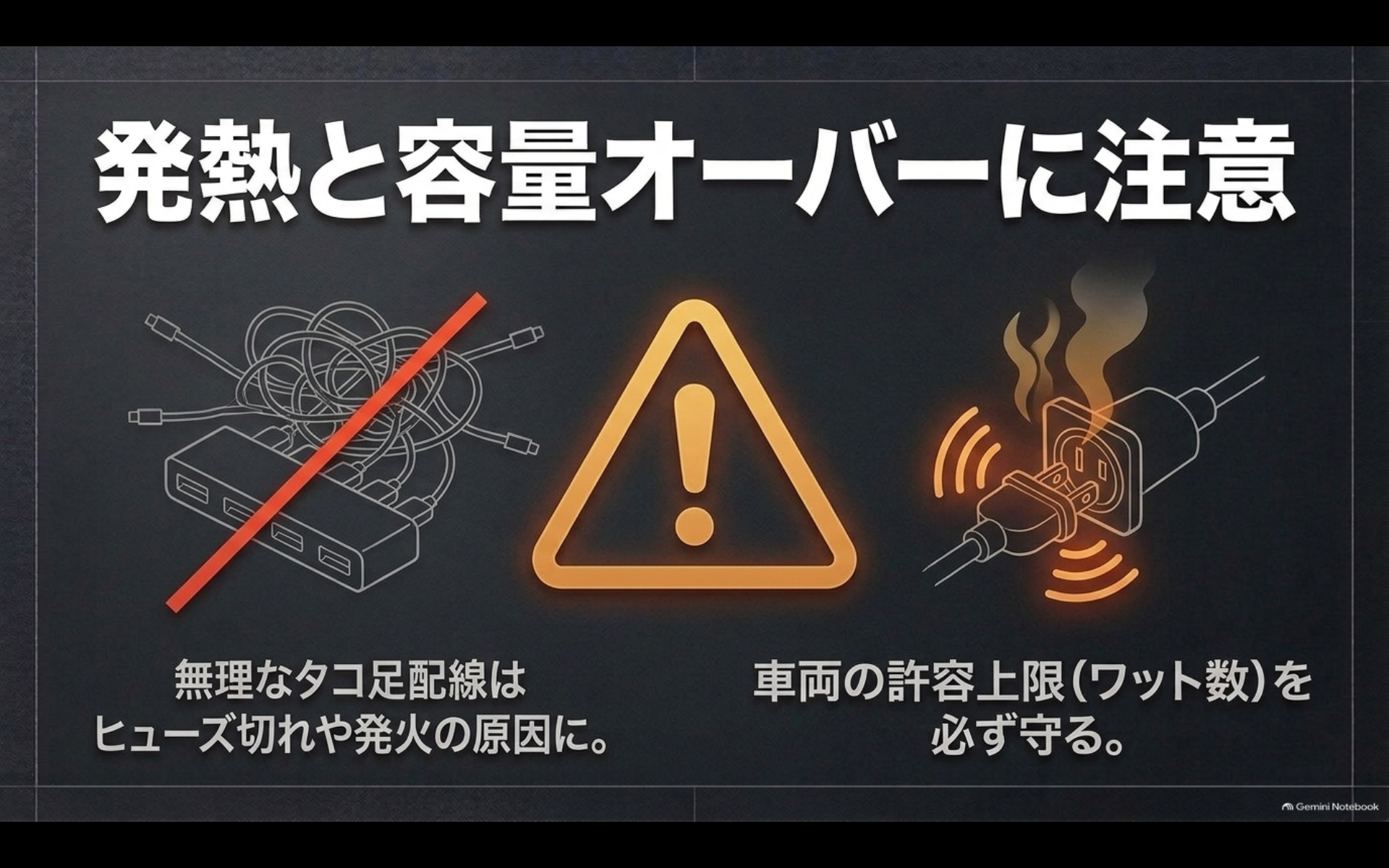 車載USB充電器のタコ足配線や電源容量オーバーによる発熱を防ぐ注意イメージ