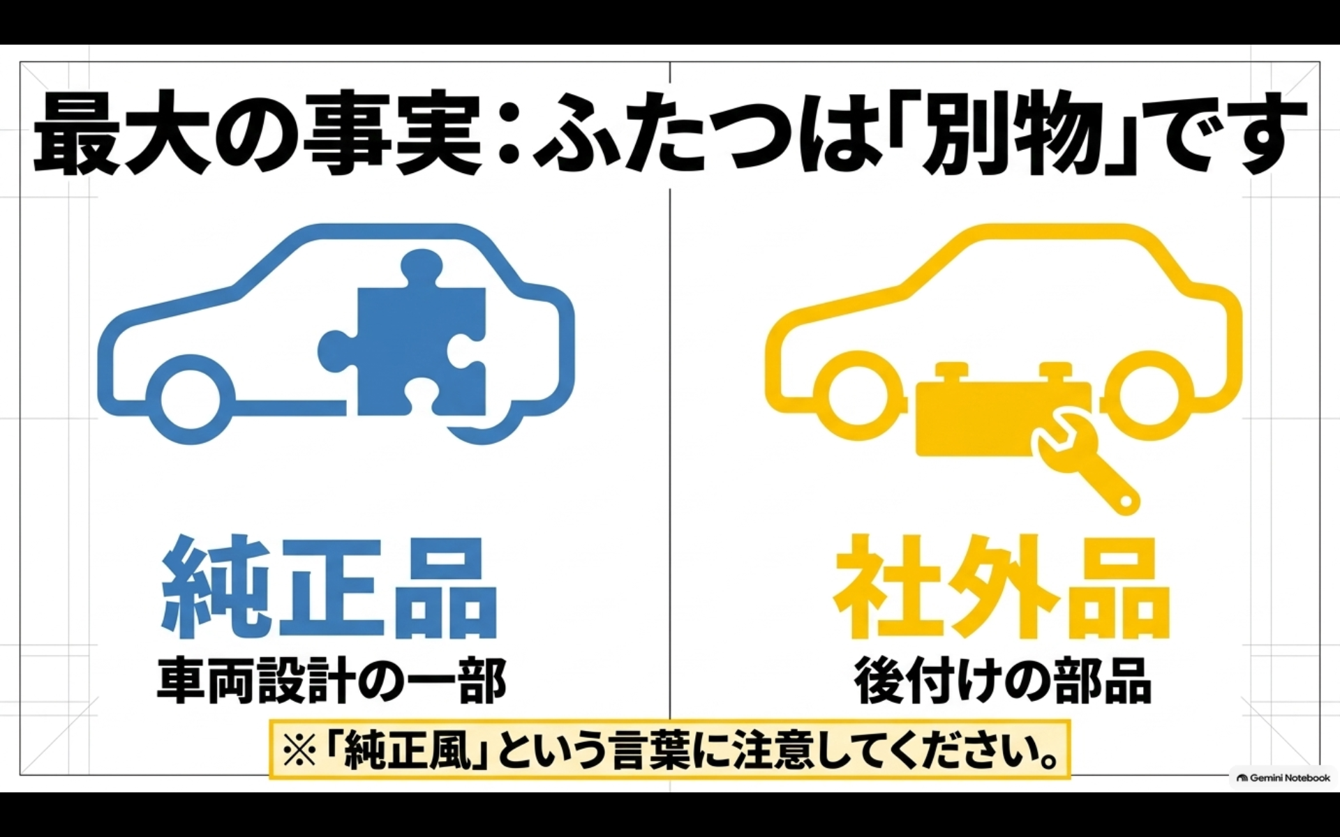 アルファードの純正ステップは車両設計の一部で社外ステップは後付け部品である違いを示す図