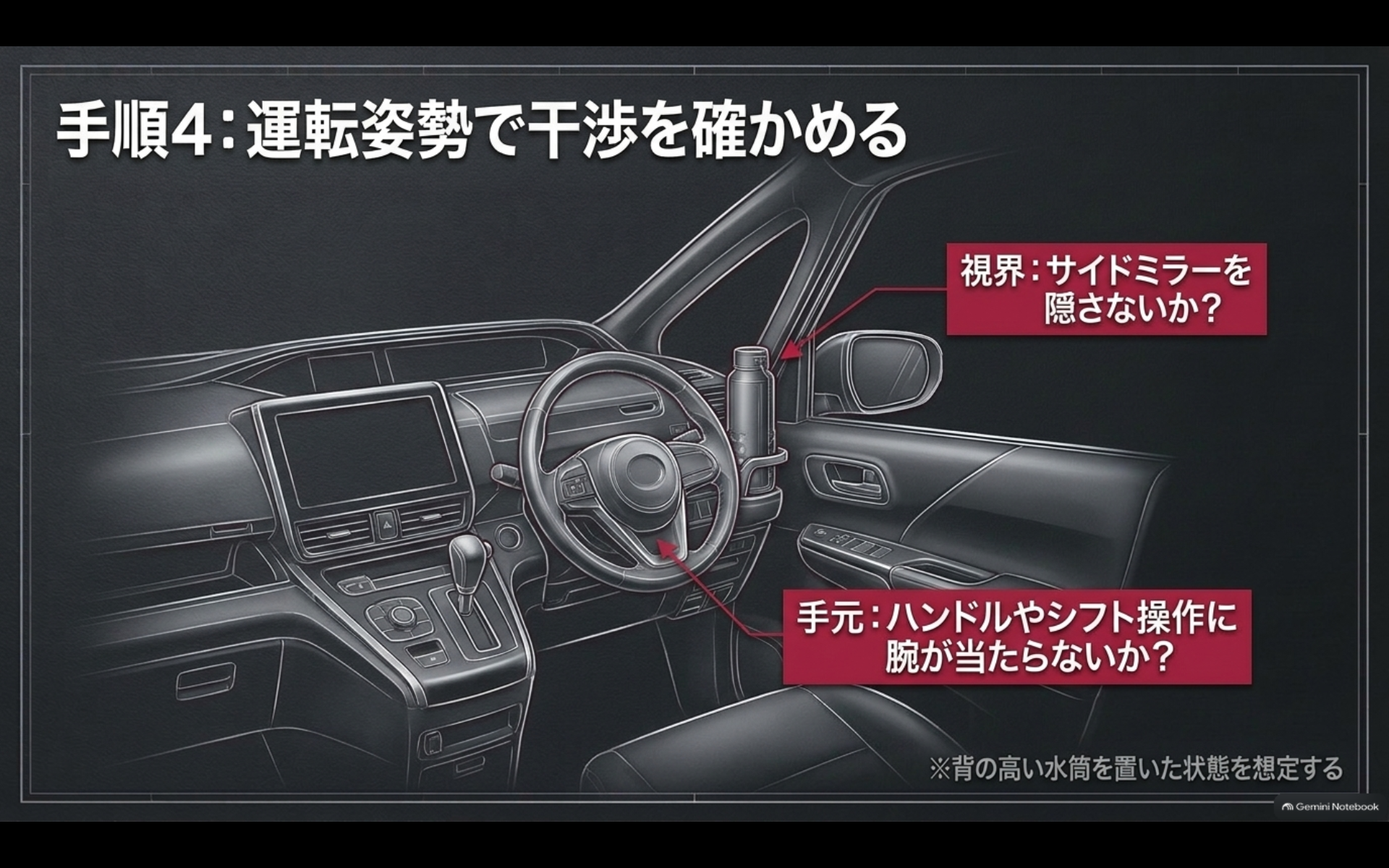 アルファードの運転席でドリンクホルダーがサイドミラーの視界やハンドル、シフト操作を妨げないか確認する方法