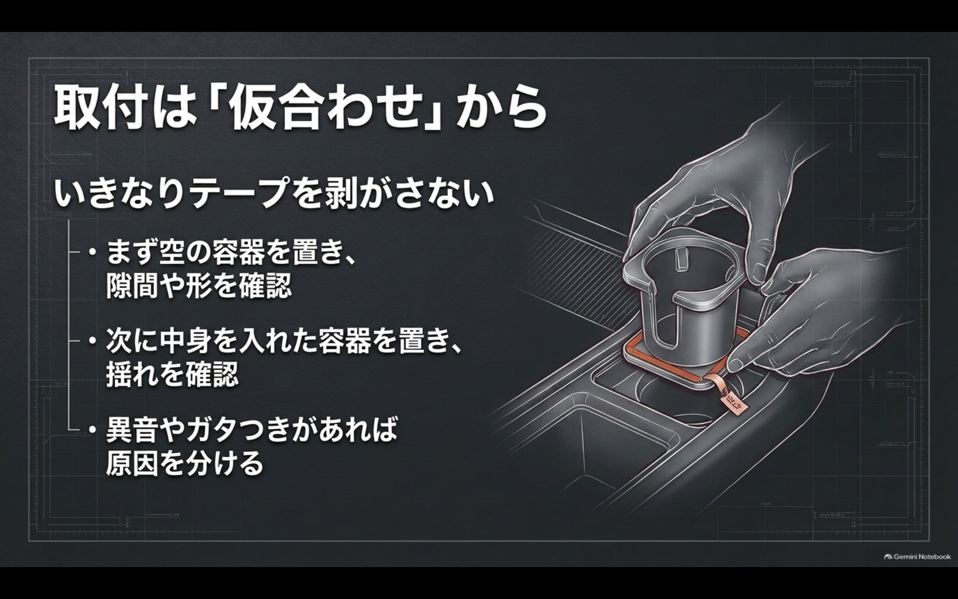 アルファードのドリンクホルダーを本固定する前に仮合わせし、空容器と中身入り容器で安定性を確認する手順