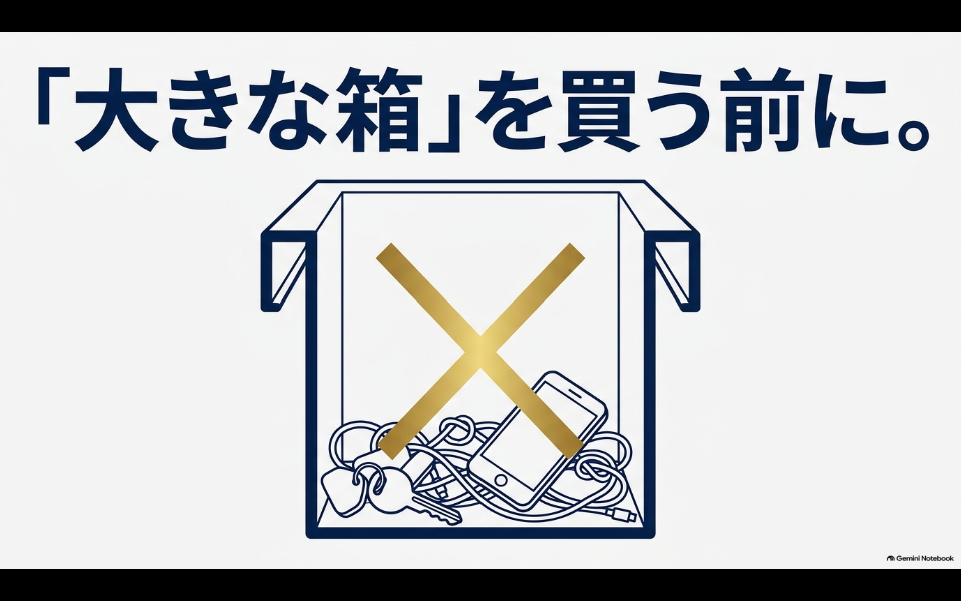 大きな収納箱を買う前に必要性を見直すことを示すアルファードのコンソール収納イラスト