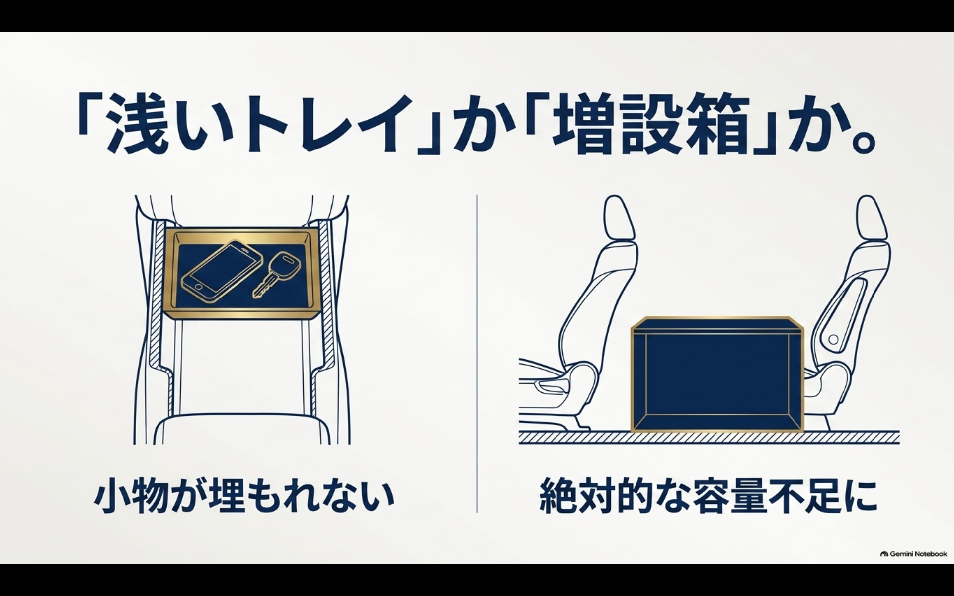 小物が埋もれる場合は浅型トレイ、収納容量そのものが足りない場合は増設ボックスを選ぶ比較図