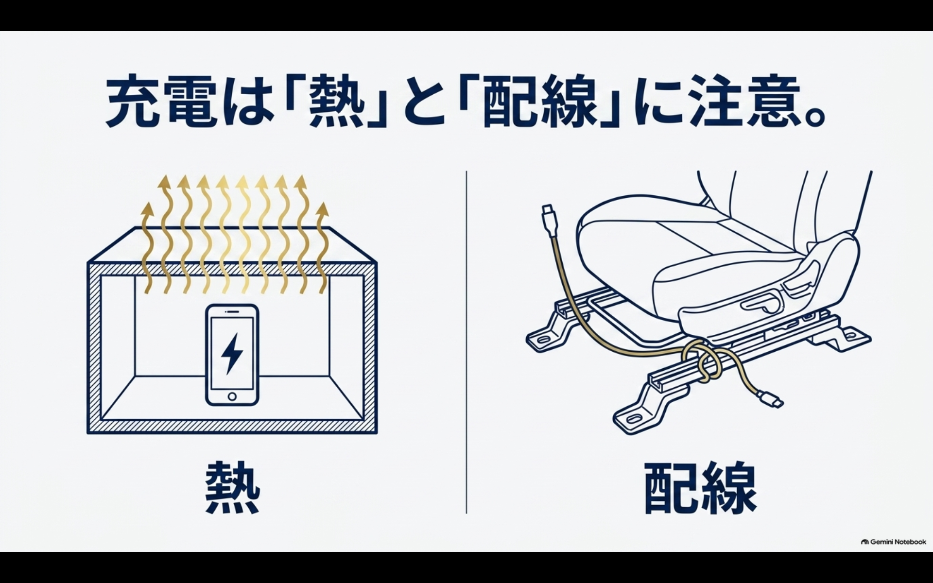 充電付きコンソールでスマートフォンや充電器の発熱とシートレール周辺の配線に注意するポイントを示す図