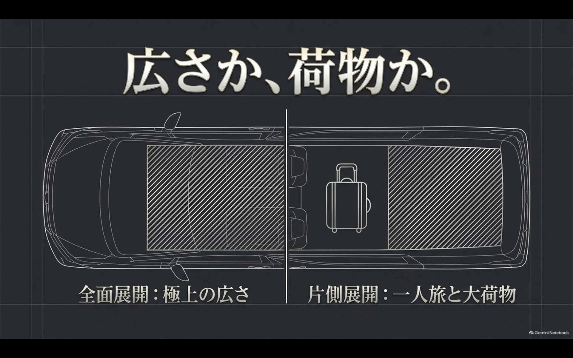 アルファード車中泊で全面展開の広い寝床と片側展開による荷物スペースを比較したイメージ