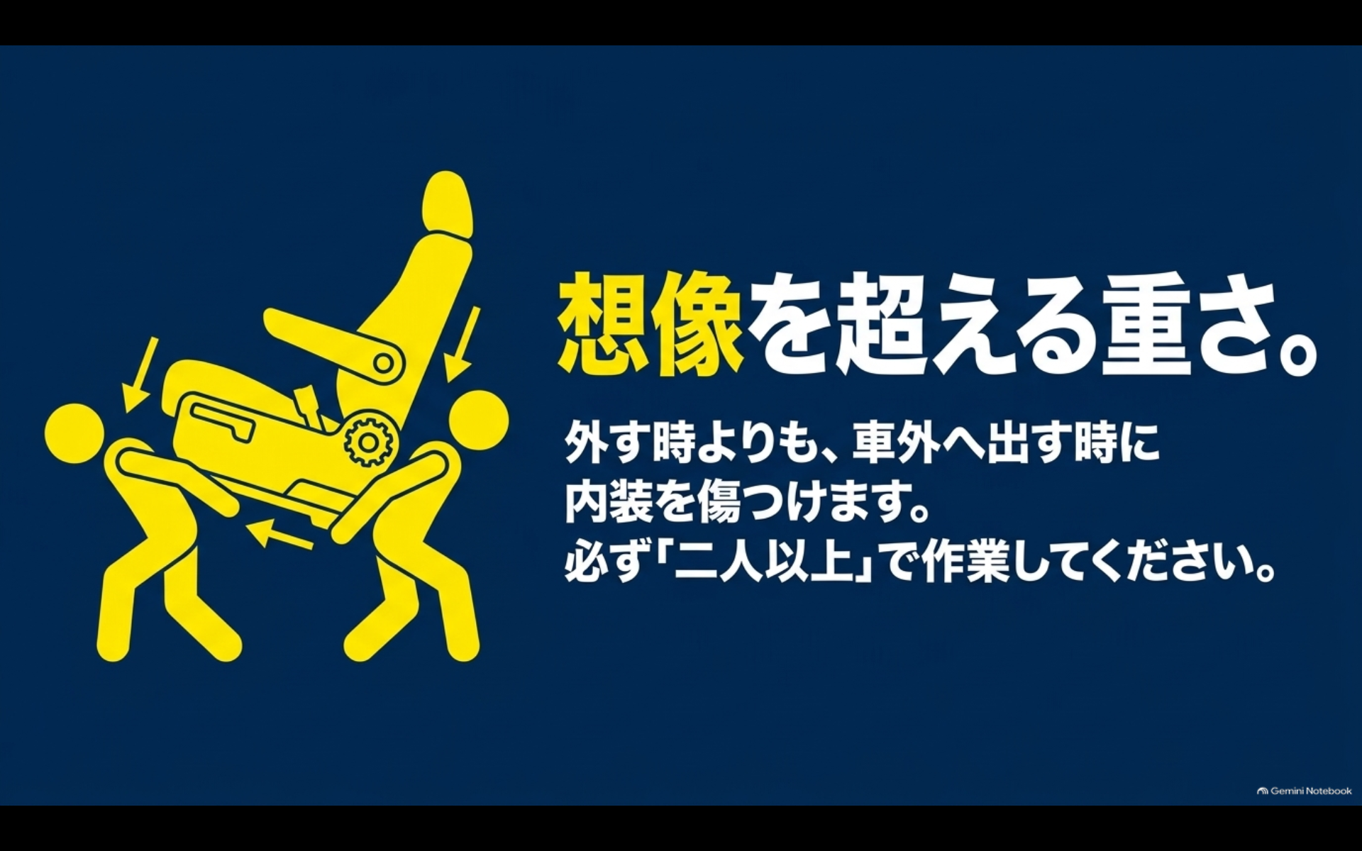 アルファードの重いセカンドシートを安全に車外へ出すため二人で作業するイメージ