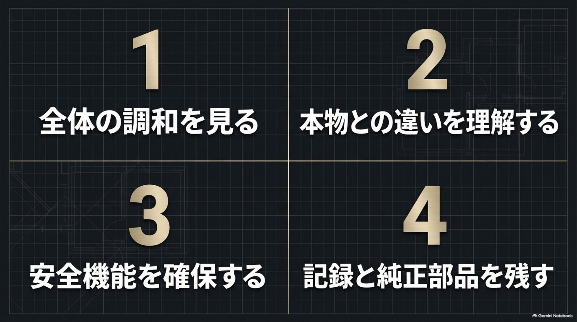 全体の調和、本物との違い、安全機能、記録と純正部品という四つの判断基準を示す図。