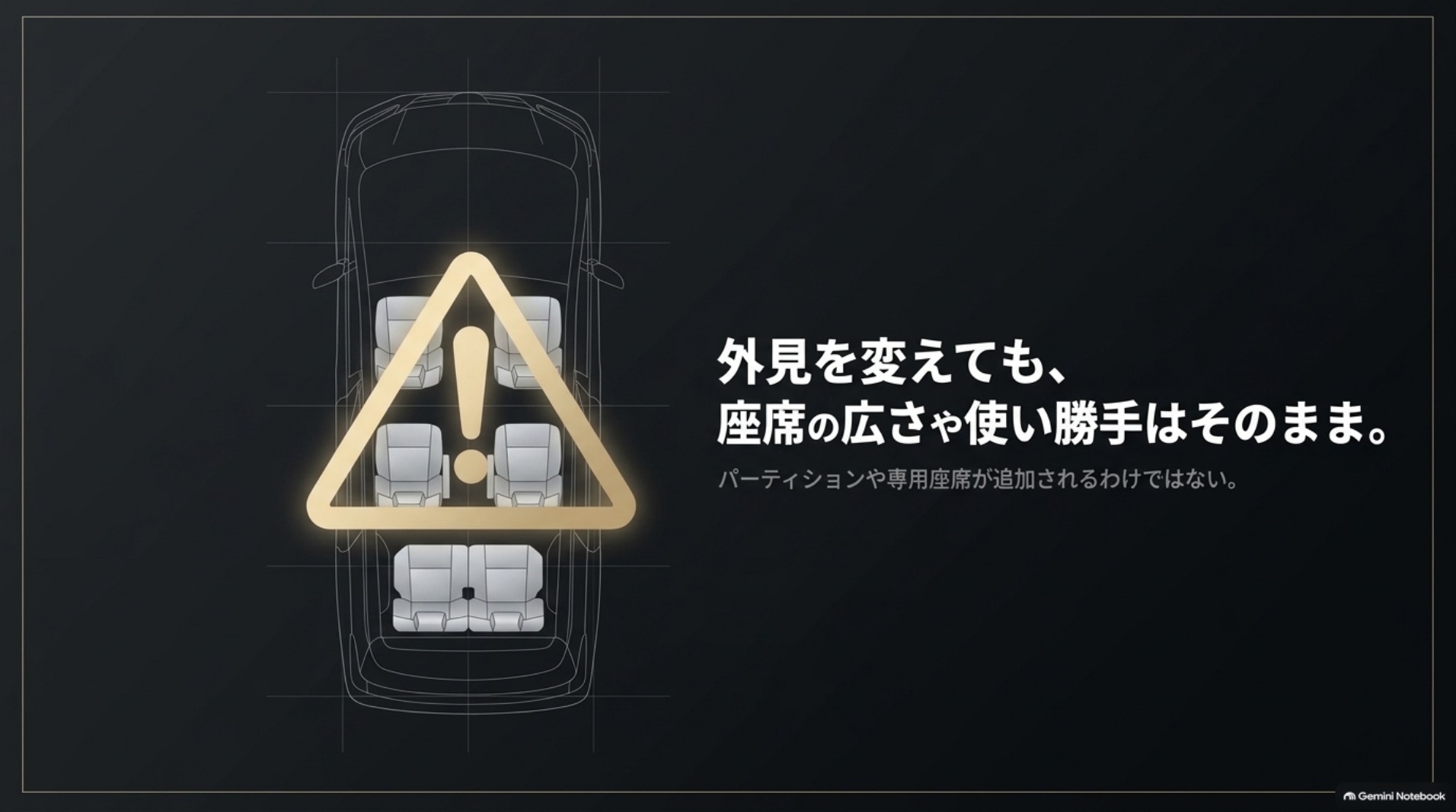 外観をLM風に変えても、座席の広さや使い勝手はベース車のままであることを示す図。