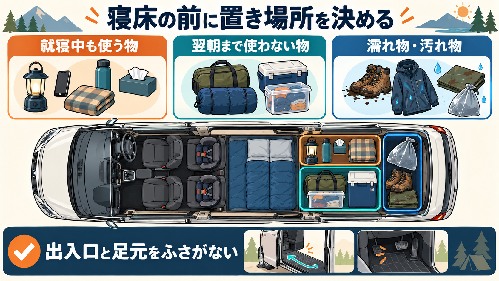 就寝中に使う物、翌朝まで使わない物、濡れ物を分けて収納した車中泊の上面図