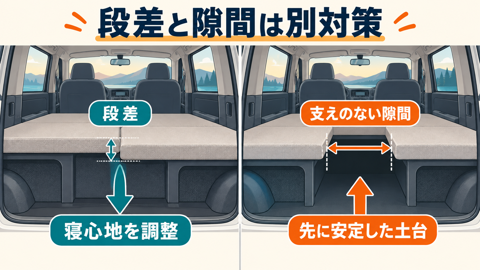 段差は寝心地を整え、支えのない隙間は安定した土台を作る必要があることを比較した図