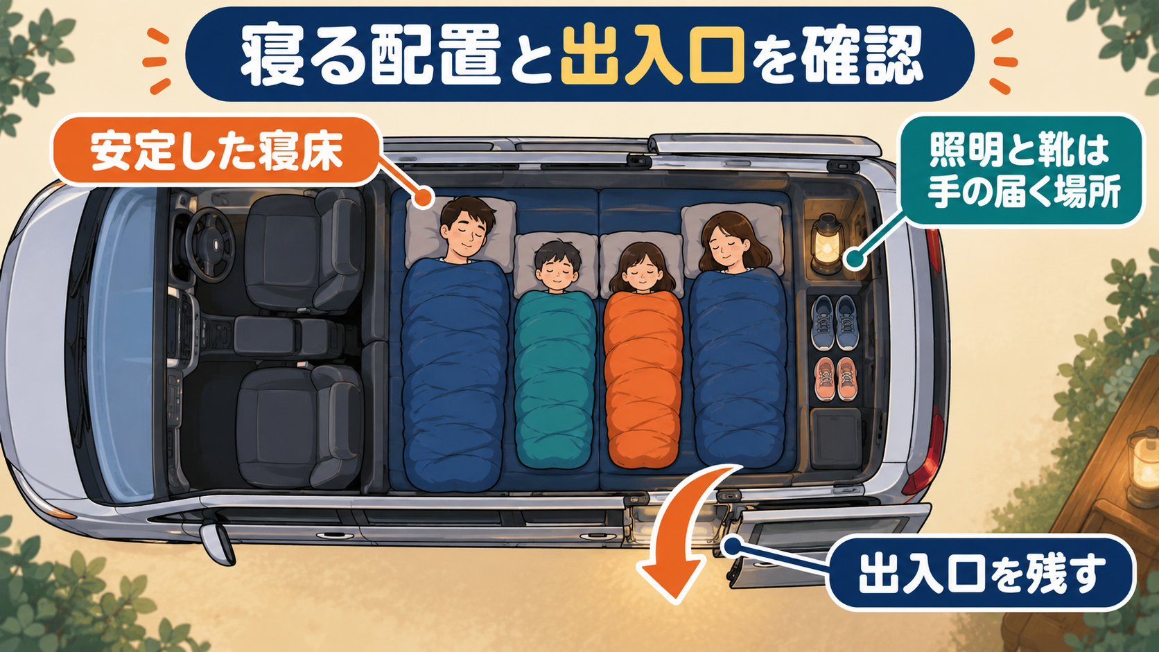 4人の寝る位置、安定した寝床、出入口、照明と靴の置き場所を示す上面図