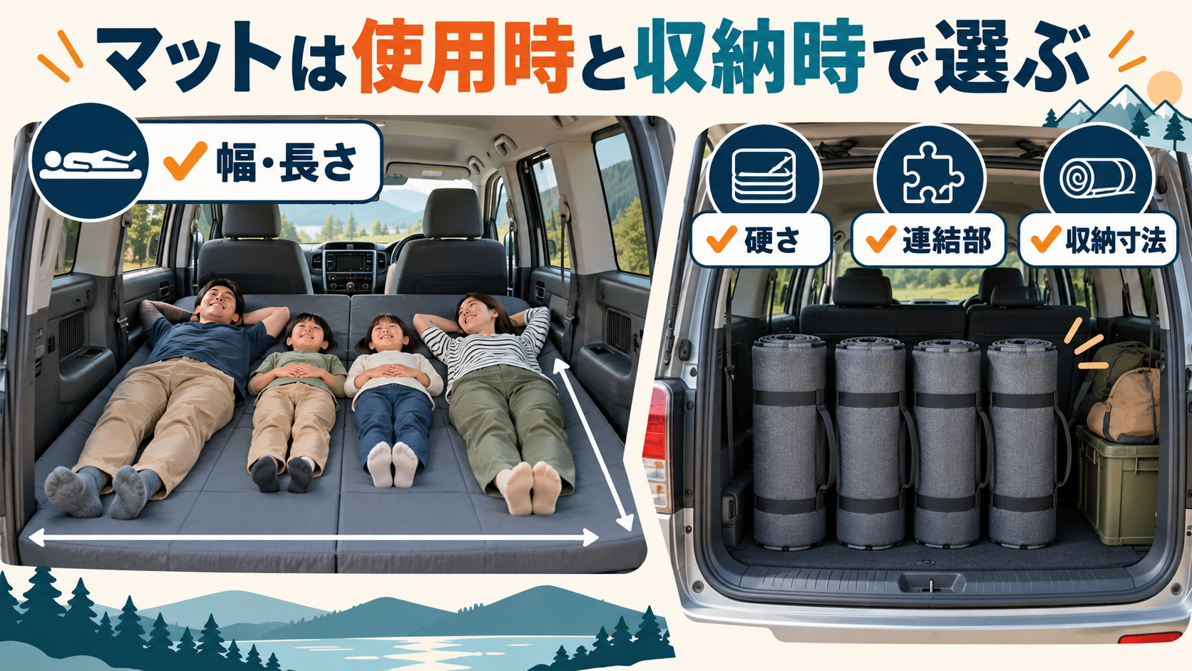 4人で横になるマットの幅と長さ、硬さ、連結部、収納時の大きさを確認する図