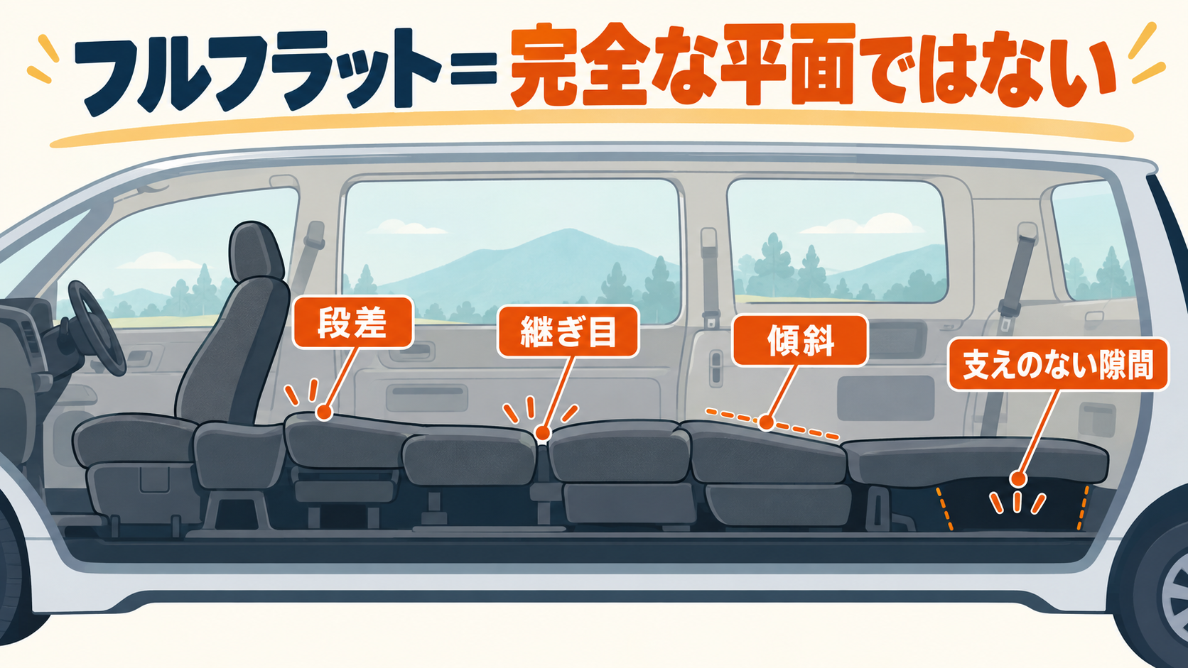ミニバンを横から見たフルフラット時の段差、継ぎ目、傾斜、支えのない隙間