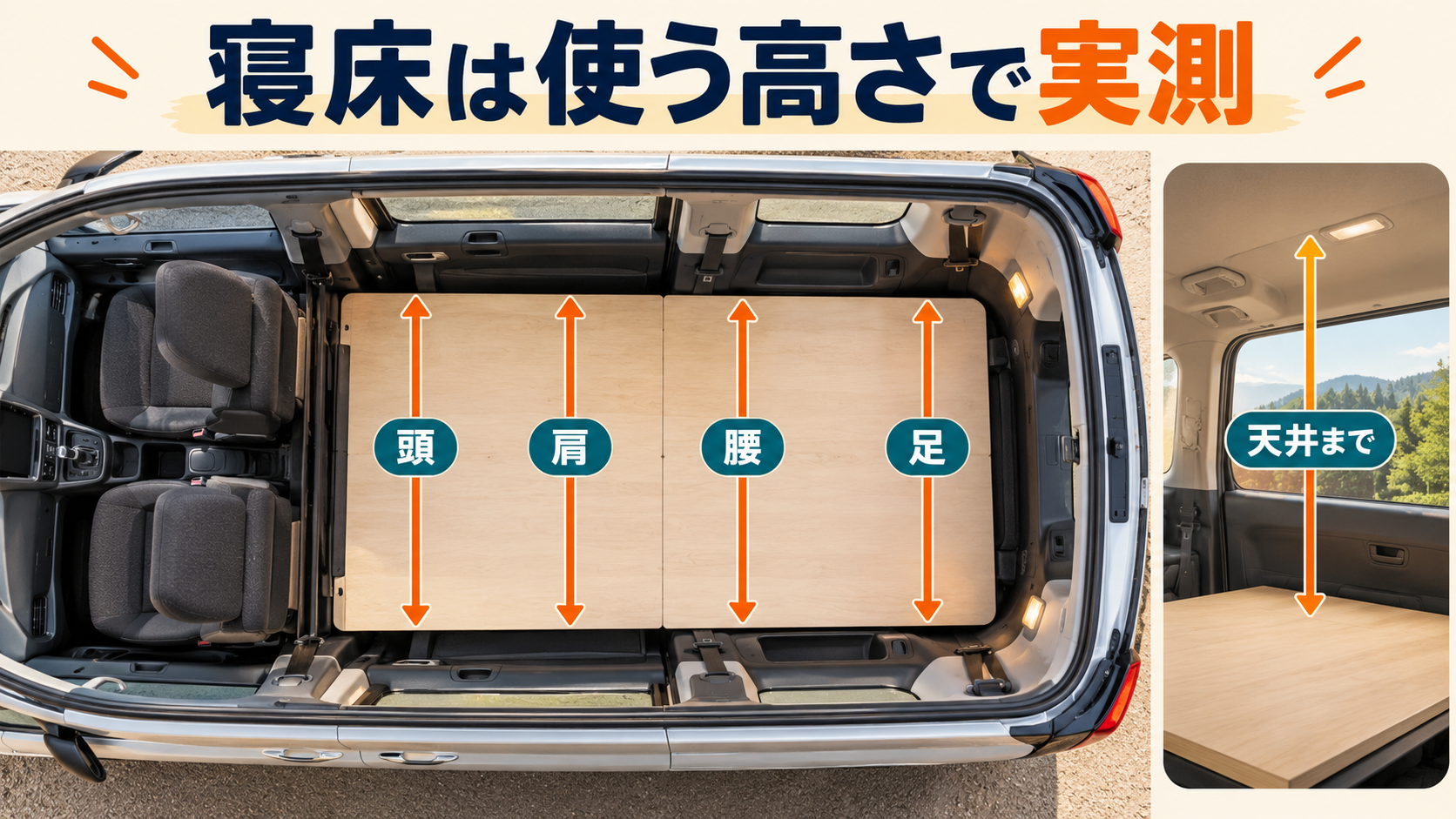 寝床の頭、肩、腰、足の位置と天井までの高さを測るミニバンの上面図
