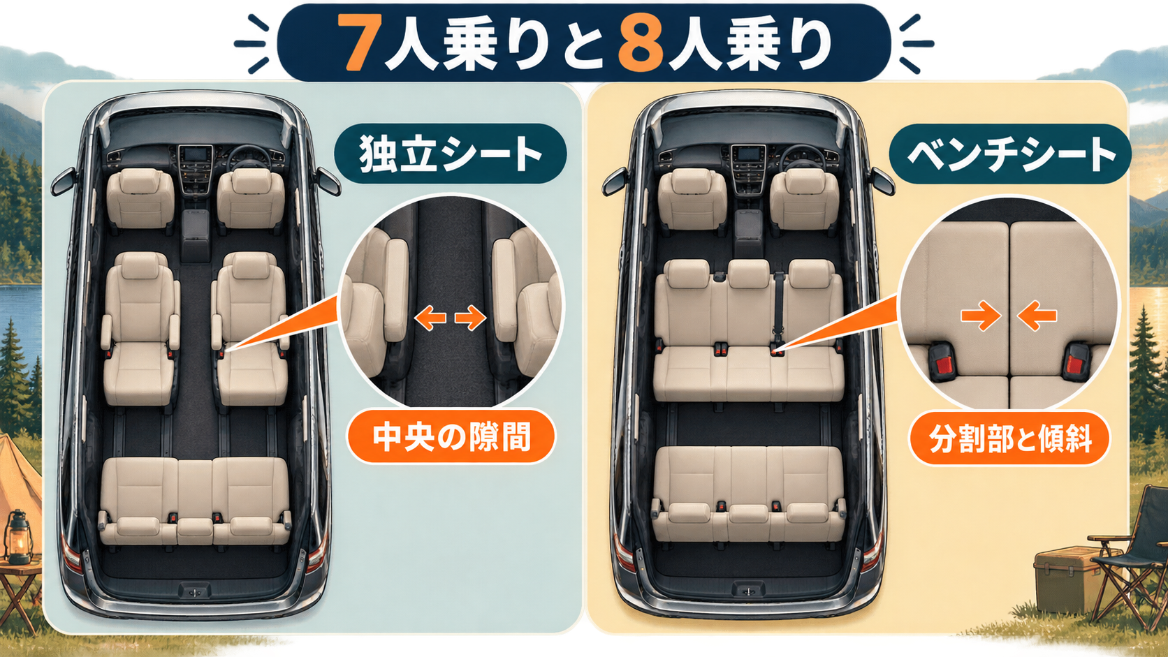 独立シートの7人乗りとベンチシートの8人乗りで中央の隙間や分割部を比較した図