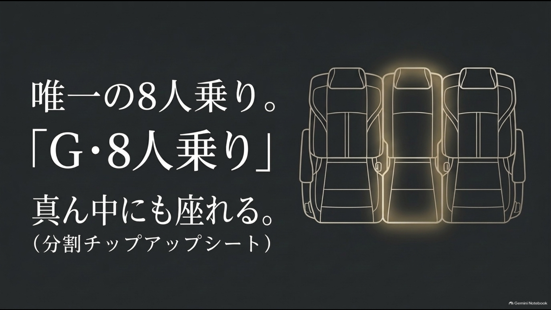 40系アルファードGの8人乗り6対4分割チップアップシートと2列目中央席