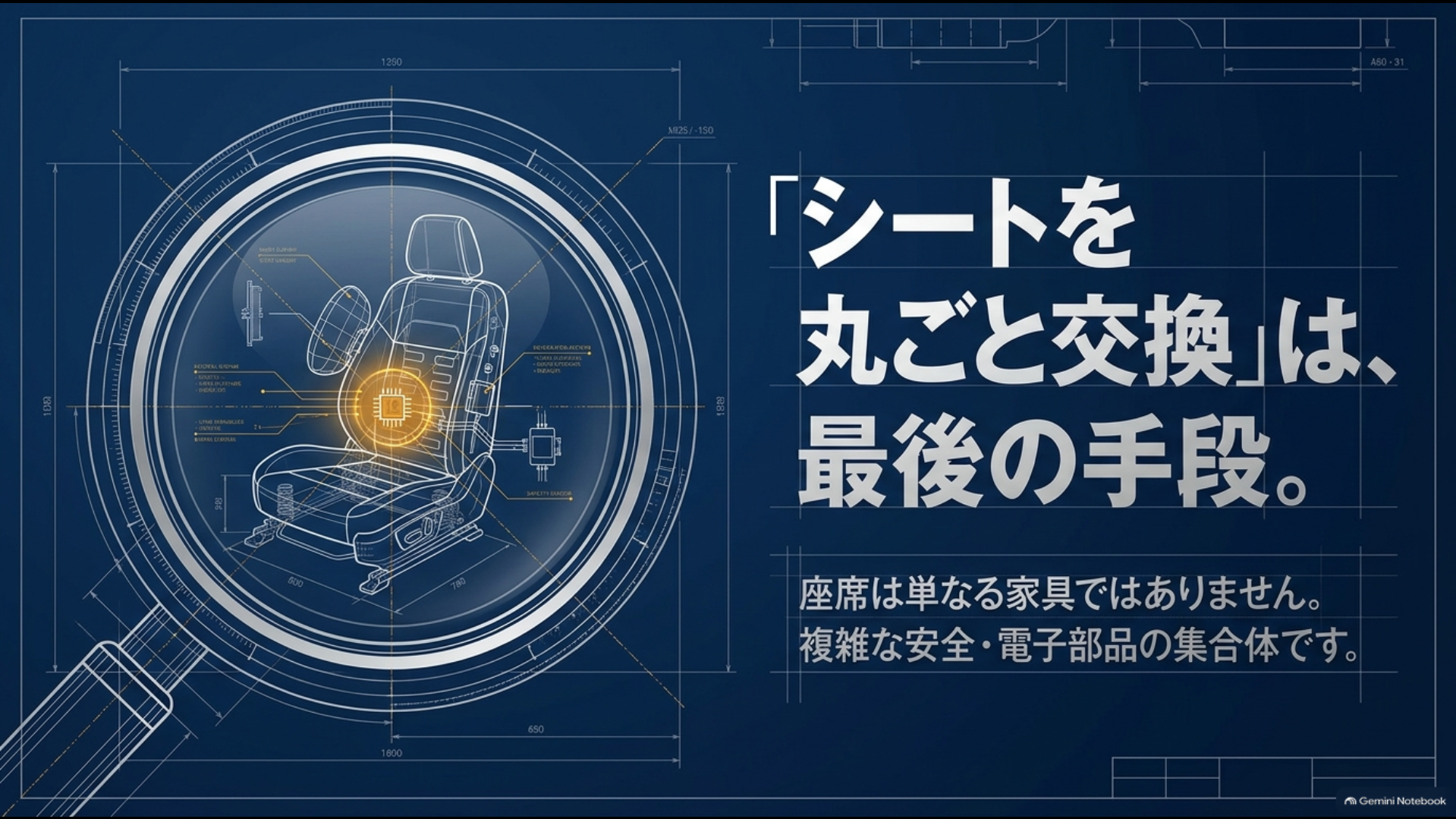 アルファードのシートは複雑な安全・電子部品を含むため丸ごと交換は最後の手段と示す図