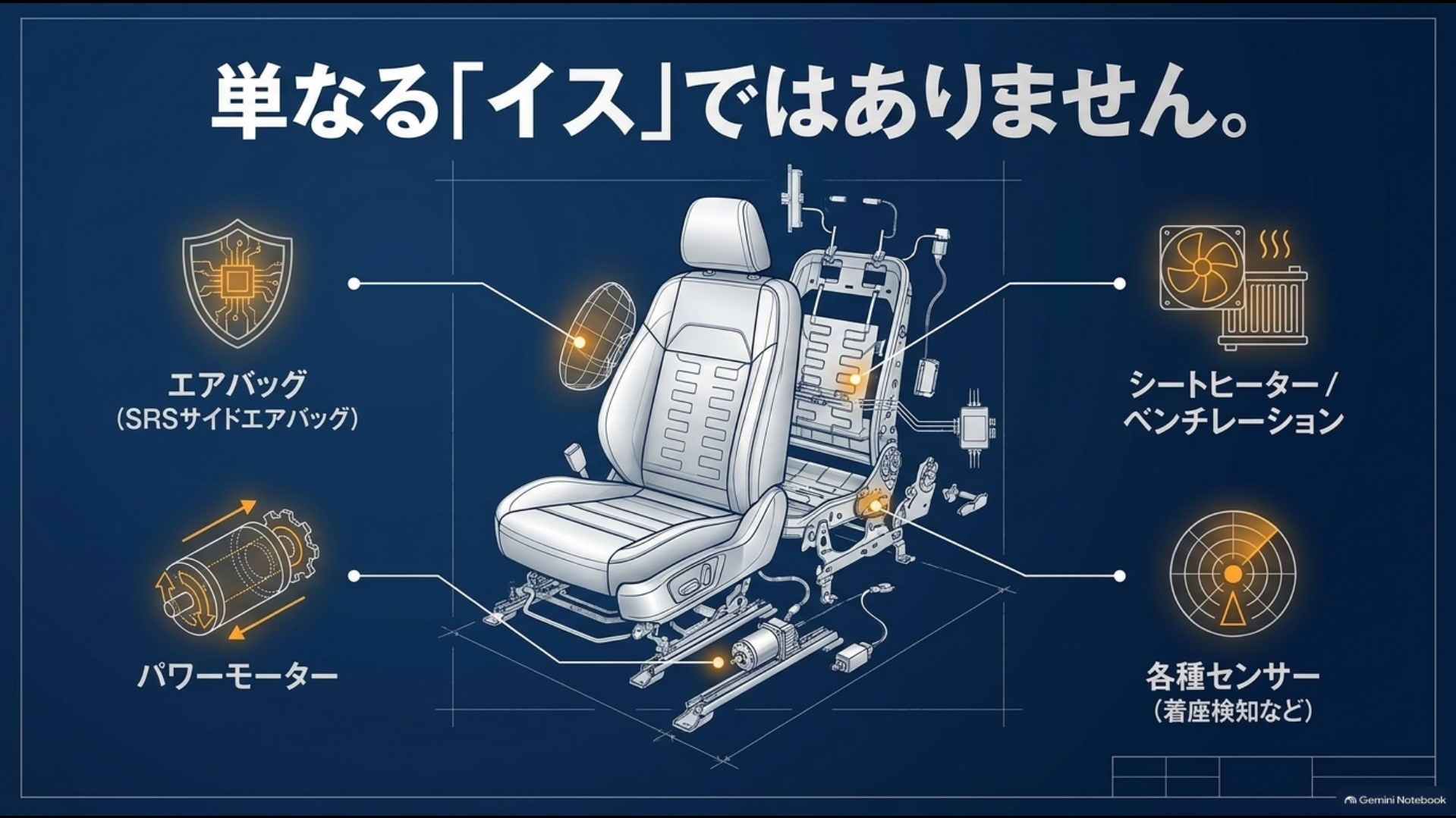 アルファードのシートに備わるSRSサイドエアバッグ、パワーモーター、ヒーター、センサーの構造イメージ