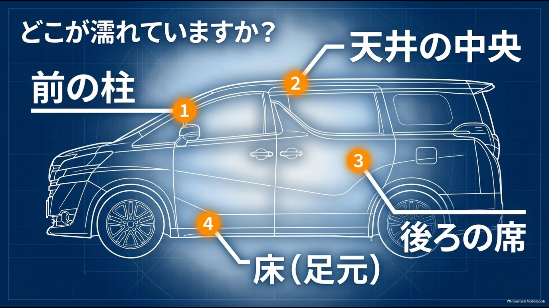 アルファードの雨漏りで確認したい前側の柱、天井中央、後席、床の主な濡れ方
